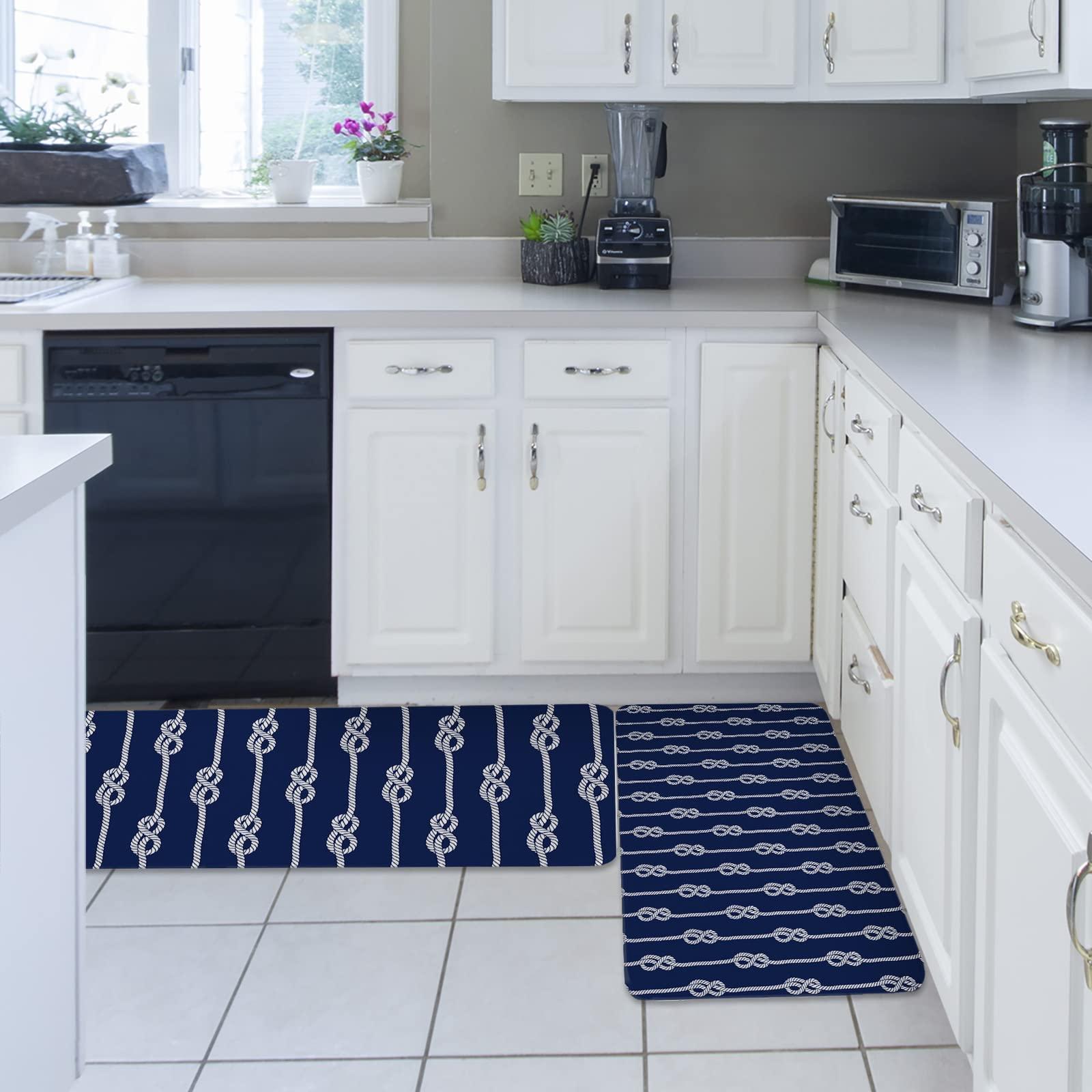 BOBOWUNY Nautical Knot Kitchen Mats and Rugs Set of 2, Ocean Beach Sailboat Navy Blue Washable Absorbent Kitchen Runner Rug Carpet Anti-Fatigue Comfort Mat for Bathroom Laundry 20x32+20x63