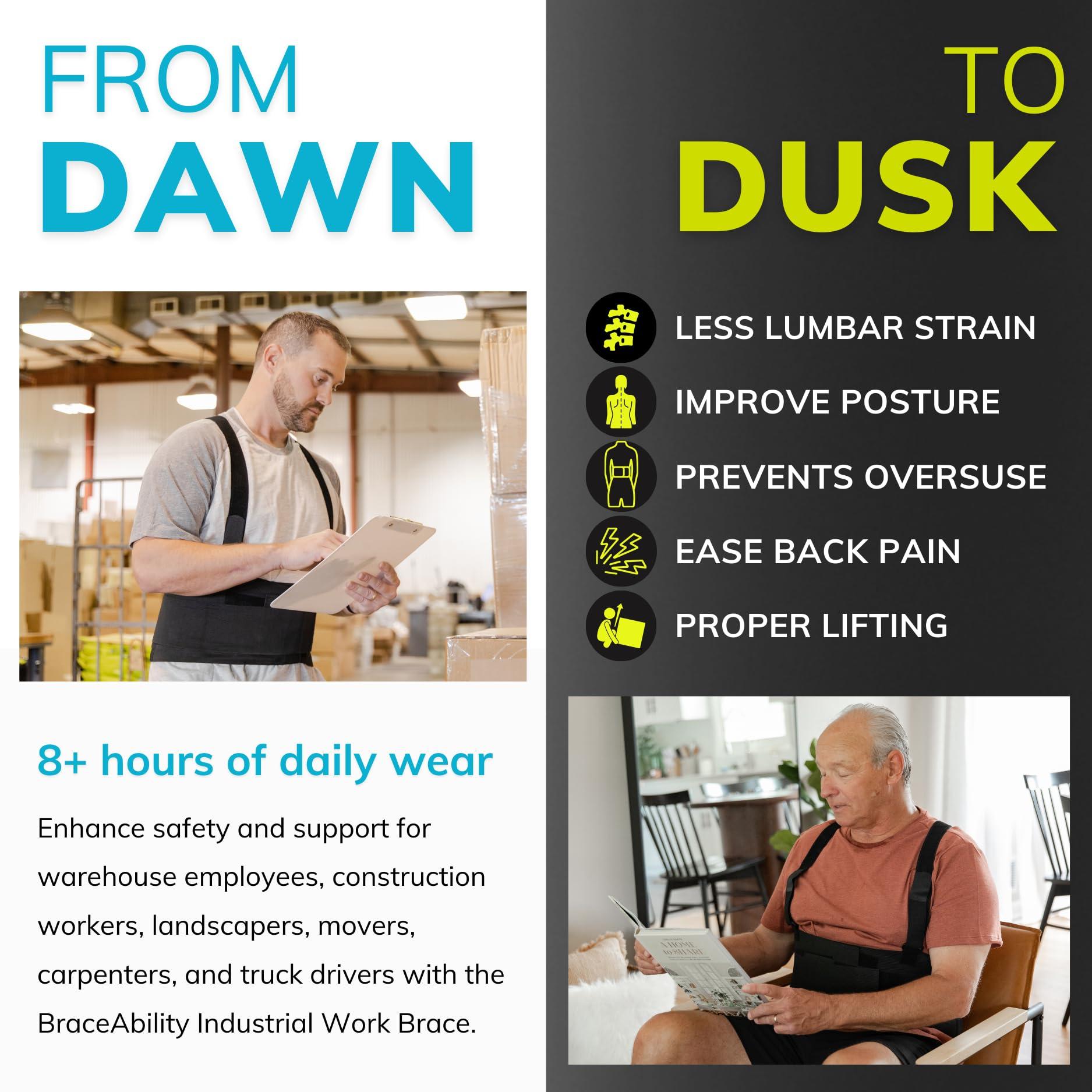 BraceAbility BraceAbility Work Back Brace - Removable Suspender Shoulder Straps for Heavy Lifting Safety - Industrial Lower Back Pain Protection Belt for Men and Women in Construction, Mover, Warehouse Jobs (2XL)