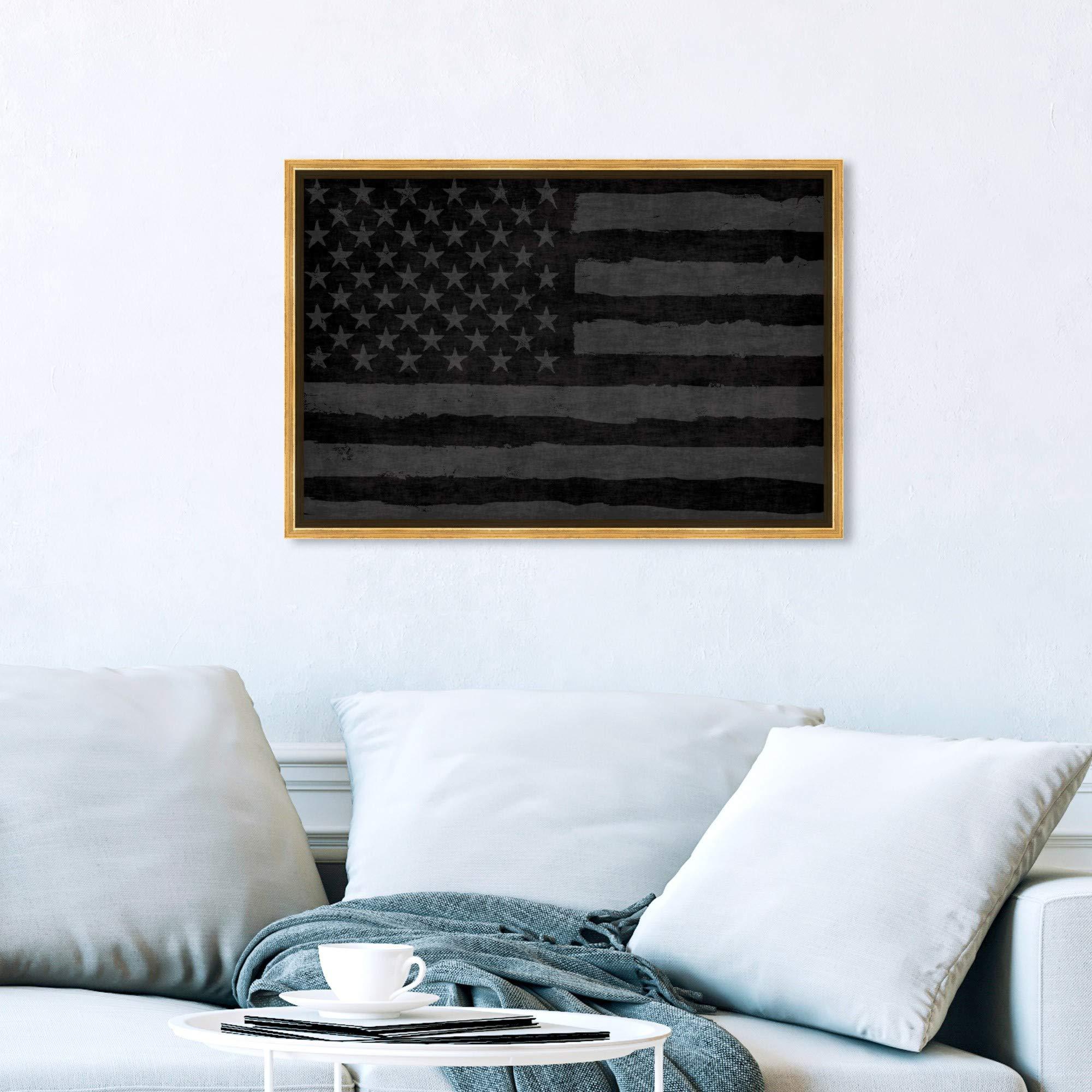 Hatcher & Ethan Hatcher and Ethan Americana and Patriotic Wall Art Framed Canvas Prints \'Rocky Freedom US Flags Home Dcor, 24\" x 16\", Black, Gray