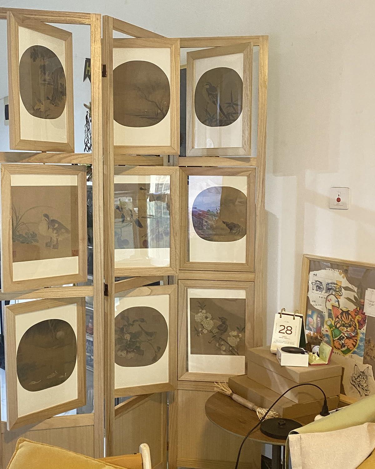 Blazea Wooden Room Divider with Picture Frame, Freestanding Room Partition Privacy Screen, 3 Hinged Panels for Store/Studio/Living Room/Restaurant(Natural)