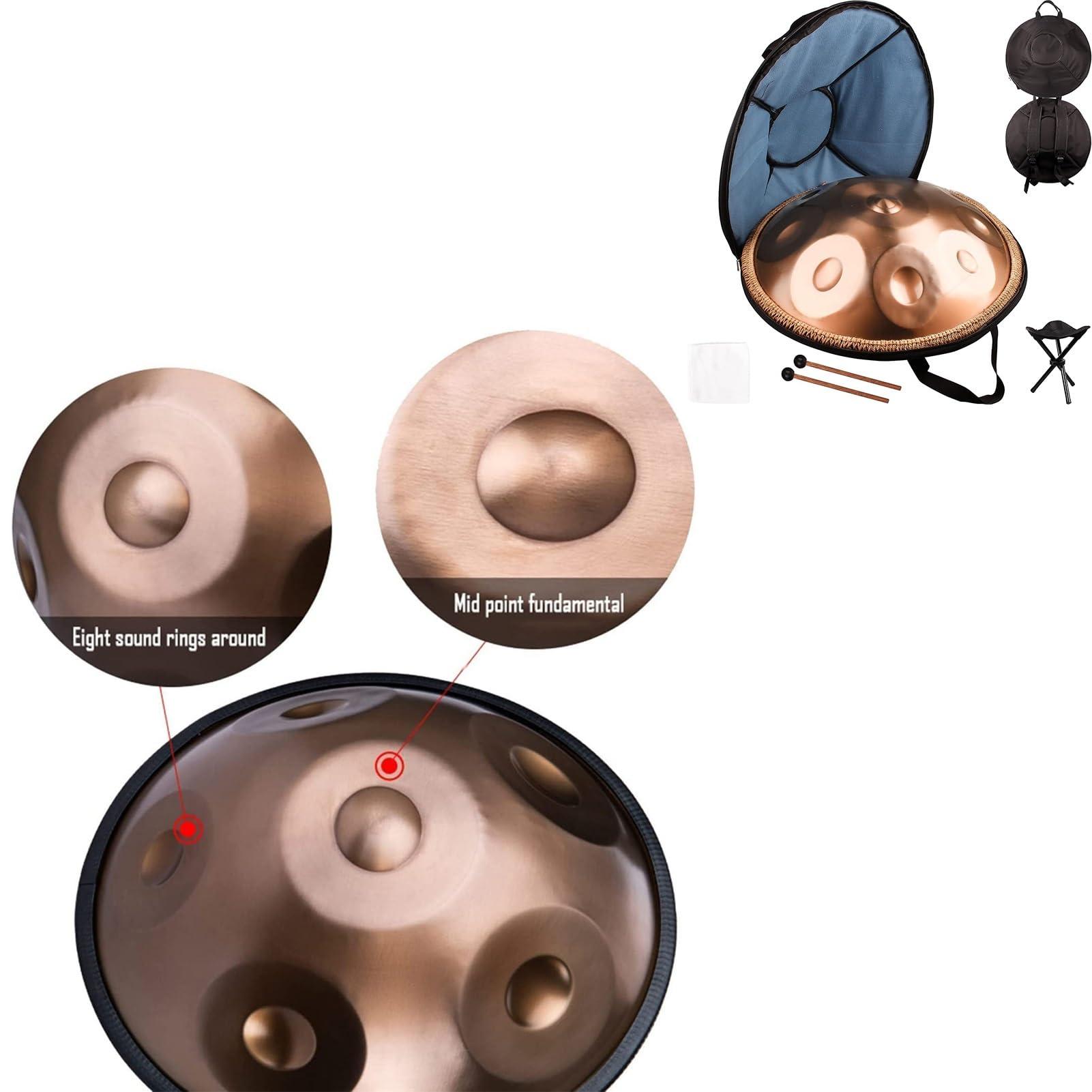 YUZDNM 432 Hz Handpan Steel Drum, 9/10/12/14 Notes 22 Inch \'\'Gold Performer\'\' In D Minor, Golden Handpan Drum Percussion, With Soft Handpan Case, Durable Handpan Stand And Dust-Free Cloth(Gold,9Notes)