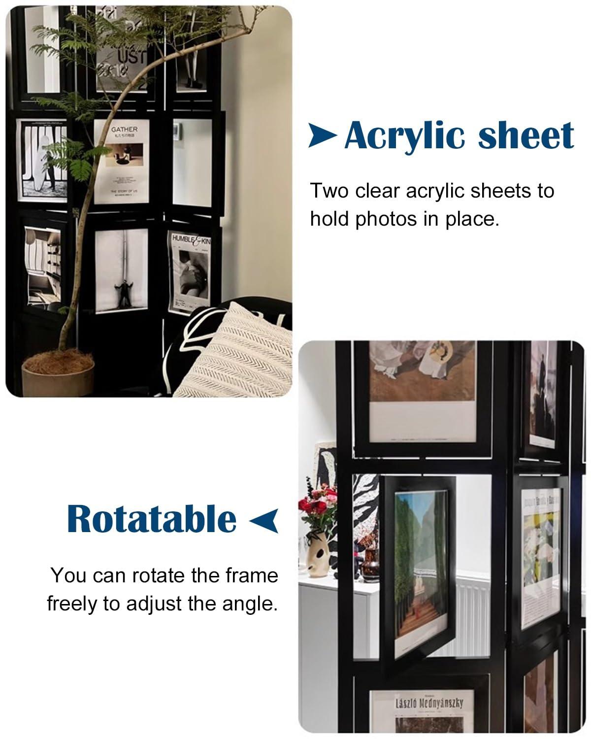 Blazea Wooden Room Divider with Picture Frame, Freestanding Room Partition Privacy Screen, 3 Hinged Panels for Store/Studio/Living Room/Restaurant(Natural)