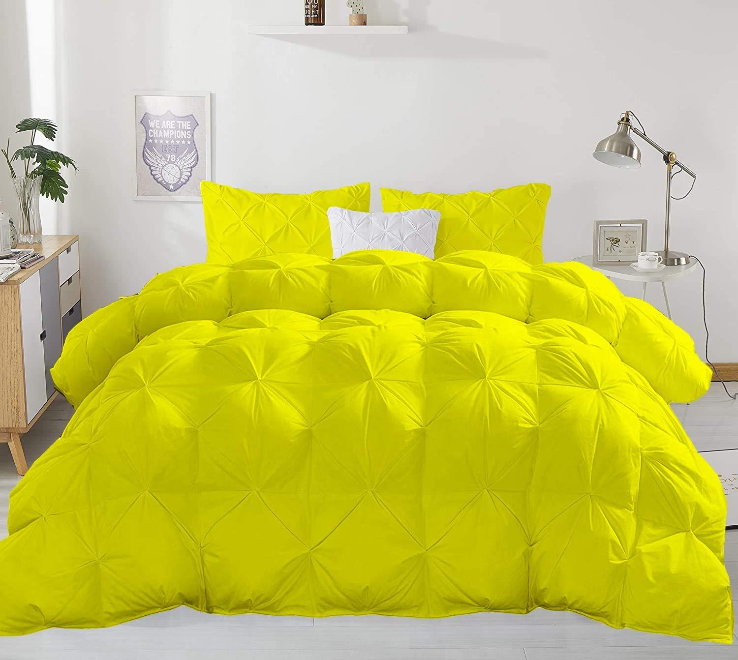 BEDICIA Yellow Solid Pinch Pleated 4 Piece Comforter Set (1 Comforter, 1 Duvet Cover & 2 Pillow Shams) 800 Thread Count Soft Egyptian Cotton California King Size