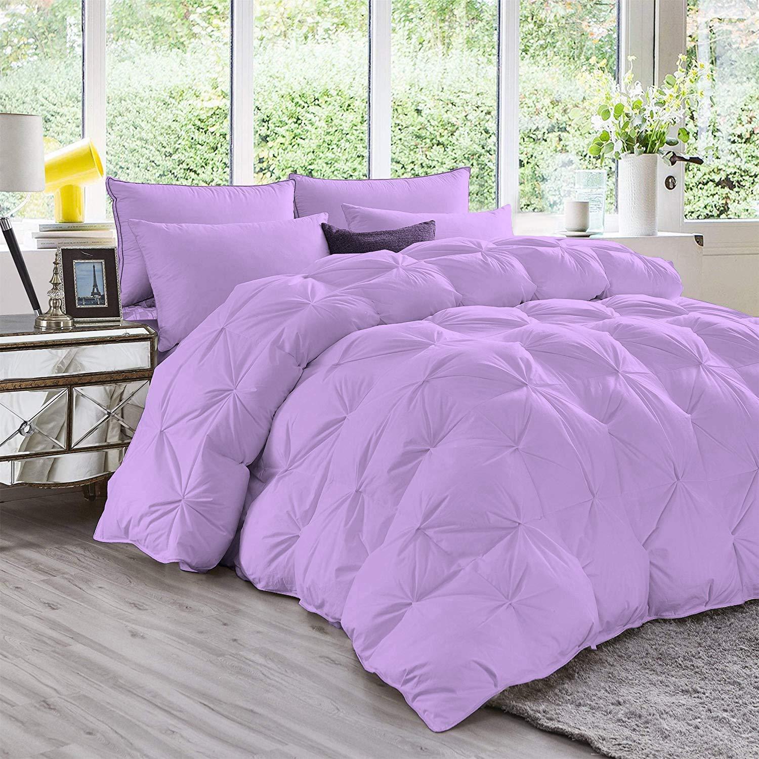 Glamour Bedding Glamour Bedding Fluffy Down Alternative 600 TC 5 Piece Lilac Pinch Pleated Bedding Comforter Set (Comforter + 4 Pillow Cases) 500 GSM Egyptian Cotton Queen