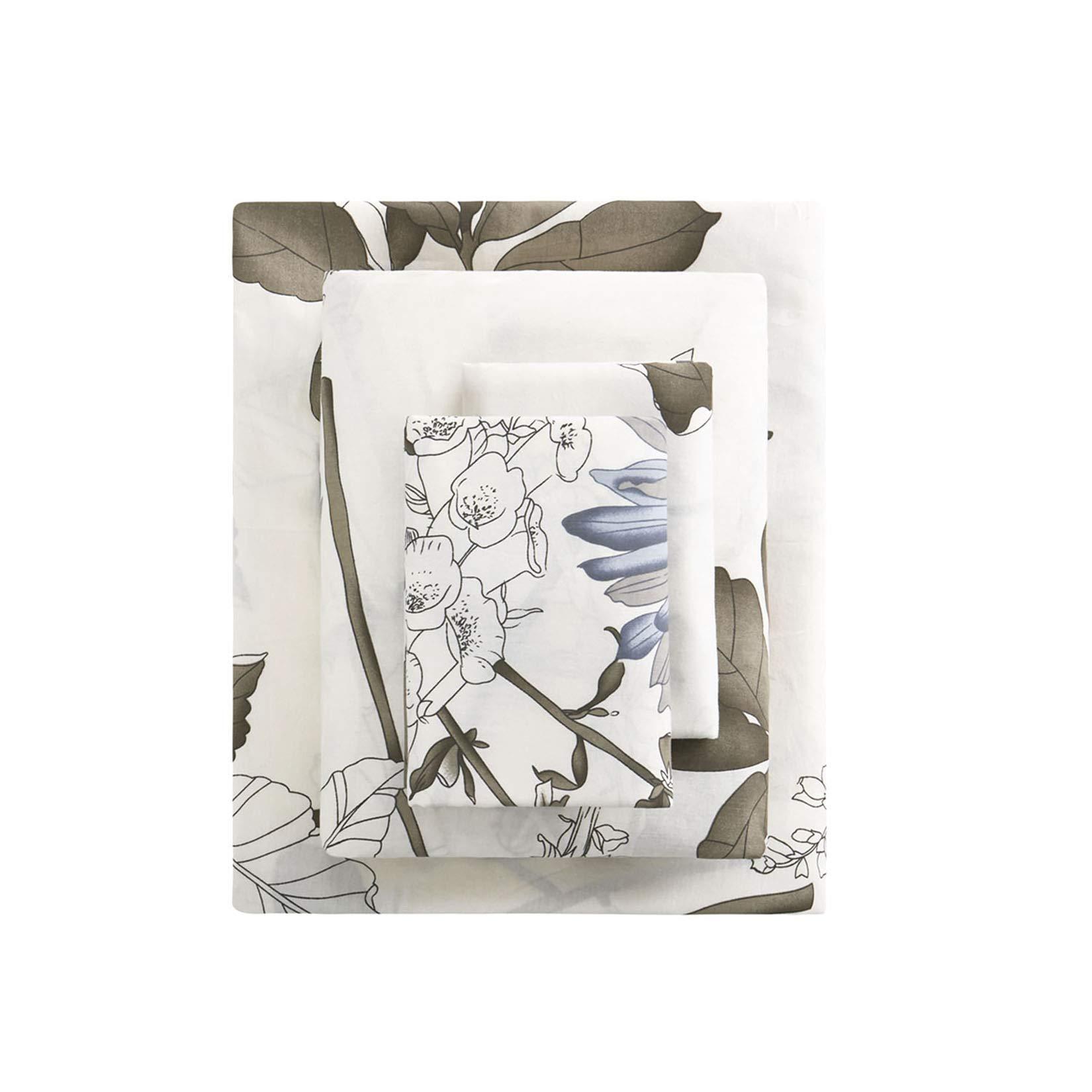 Wake In Cloud Wake In Cloud - Floral Bed Sheets, 100% Cotton, 4-Piece Sheet Set, Vintage Flower Botanical Shabby Chic Coquette Cottage Aesthetic Bedding, Deep Pocket, Gray Beige, King Size