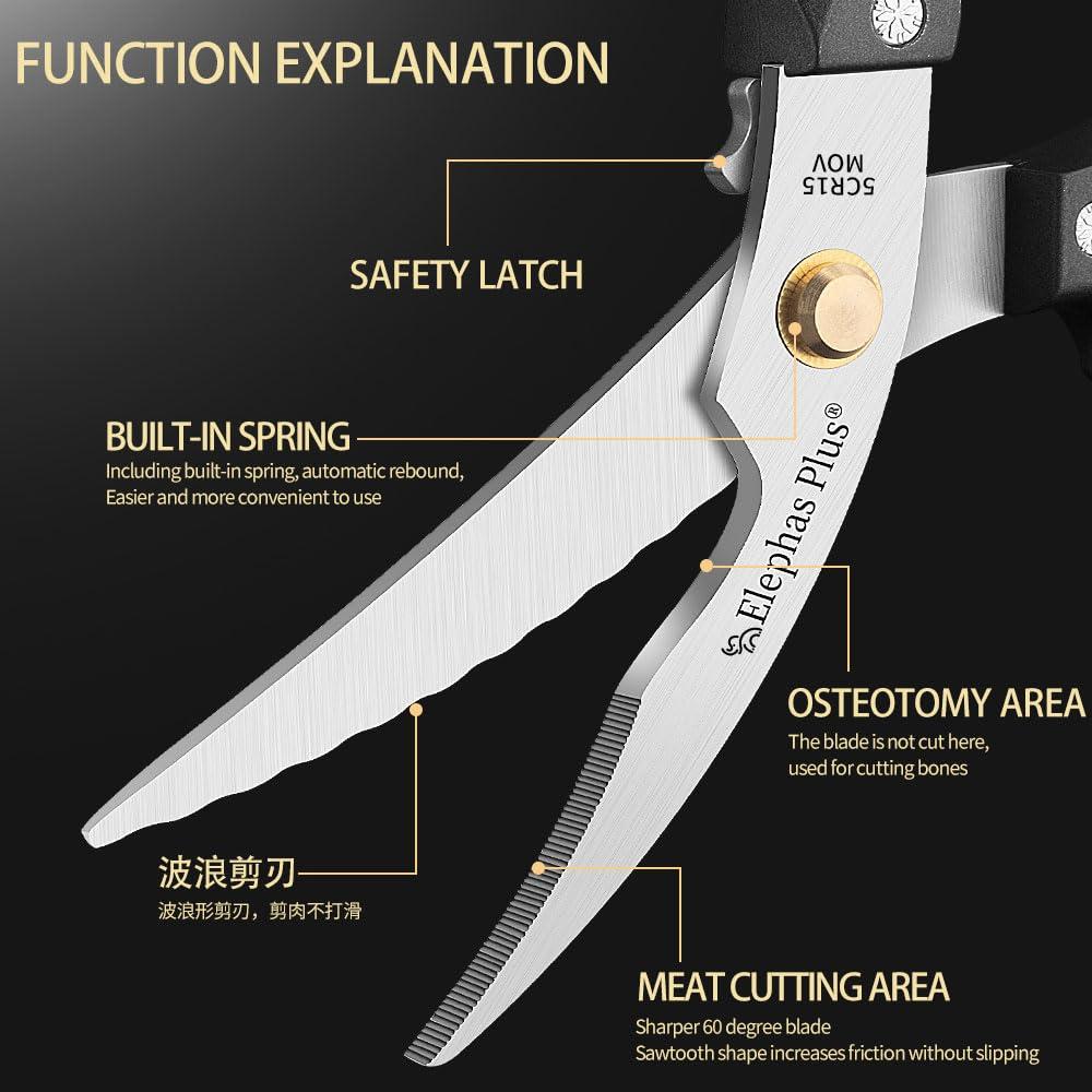 ELephas PLus Stainless Heavy Duty Scissors,Kitchen Shears Heavy Duty Poultry Shears and Cutting Food Tools Kitchen Scissors for Chicken,Meat,Fish(Black)