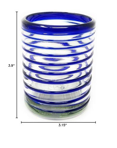 Dos Sueos Hand Blown Mexican Drinking Glasses Set of 6 Tumbler Glasses with Blue Spiral Design (10 oz each)