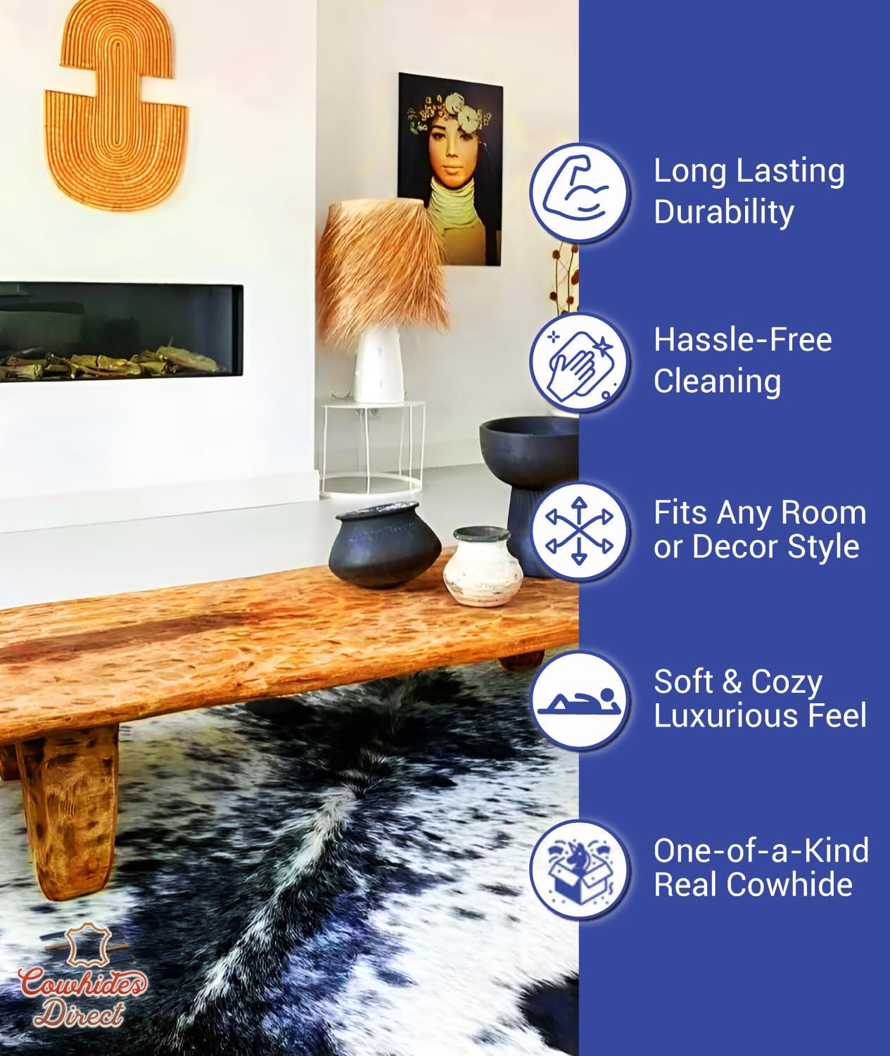 Cowhides Direct Cowhides Direct Genuine Cowhide Rug (Salt & Pepper) - Authentic Cow Rug with Non-Slip Suede Backing - Cow Rugs for Living Room, Bedroom & More - Decorative Rug (Black, 6x6 L)