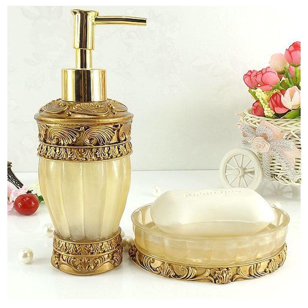 LUANT LUANT Vintage Golden Bathroom Accessories, 5Piece Bathroom Accessories Set, Bathroom Set Features, Soap Dispenser, Toothbrush Holder, Tumbler & Soap Dish - Golden Glossy - Bath Gift Set