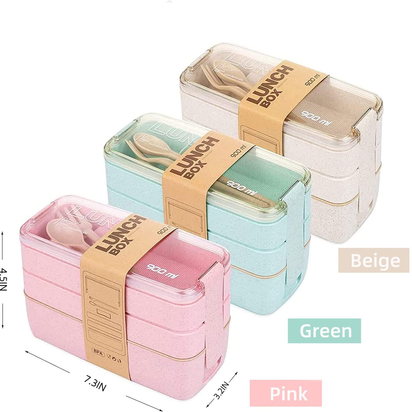 Rarapop Rarapop 2 Pack Stackable Bento Box Japanese Lunch Box Kit with Spoon & Fork, 3-In-1 Compartment Wheat Straw Meal Prep Containers for Kids & Adults (Pink/Beige)