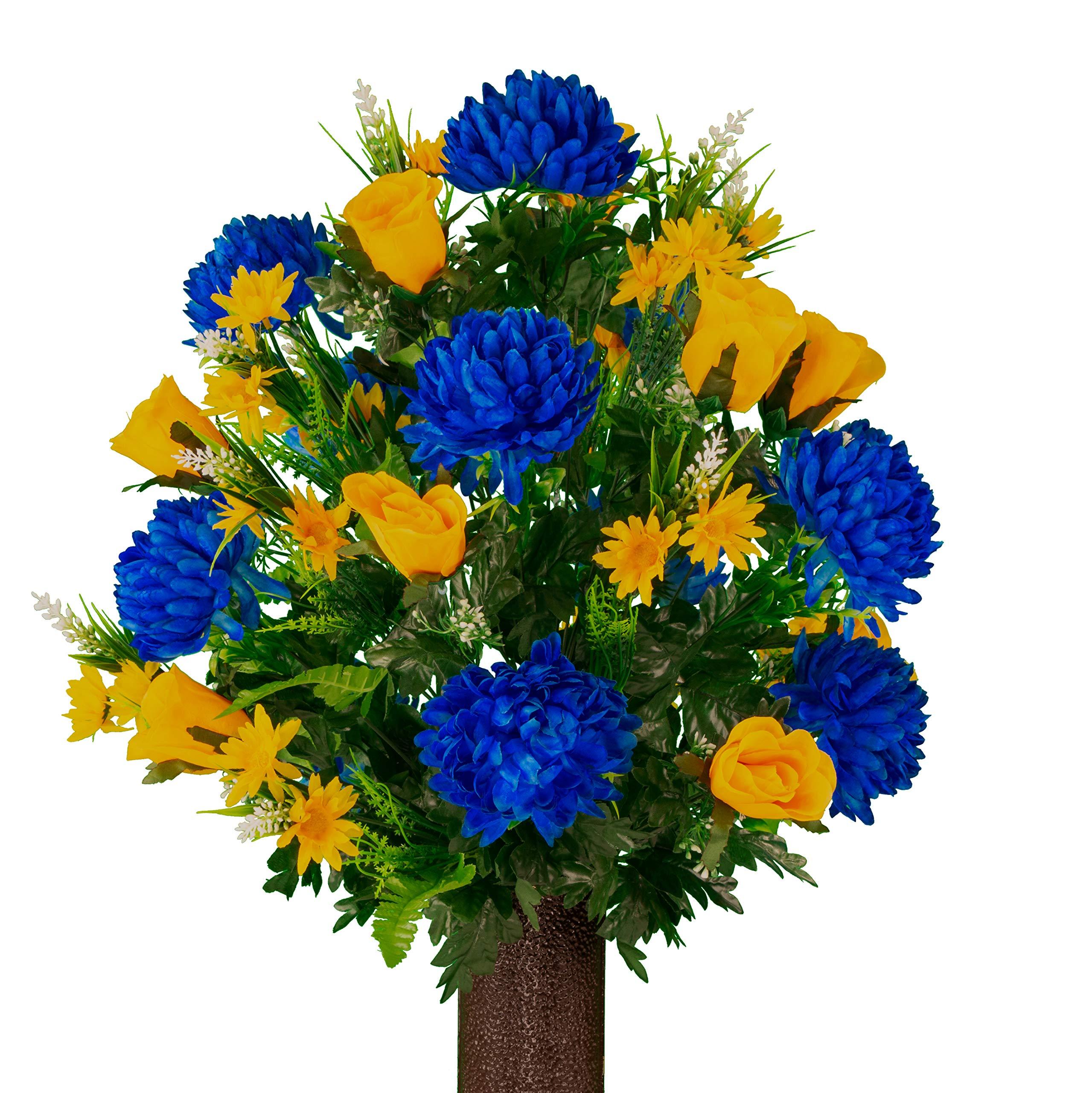 Sympathy Silks Sympathy Silks Artificial Cemetery Flowers Realistic Vibrant Roses, Outdoor Grave Decorations - Non-Bleed Colors, and Easy Fit - 2 Blue Mum and Yellow Rose Bouquets & 1 Saddle