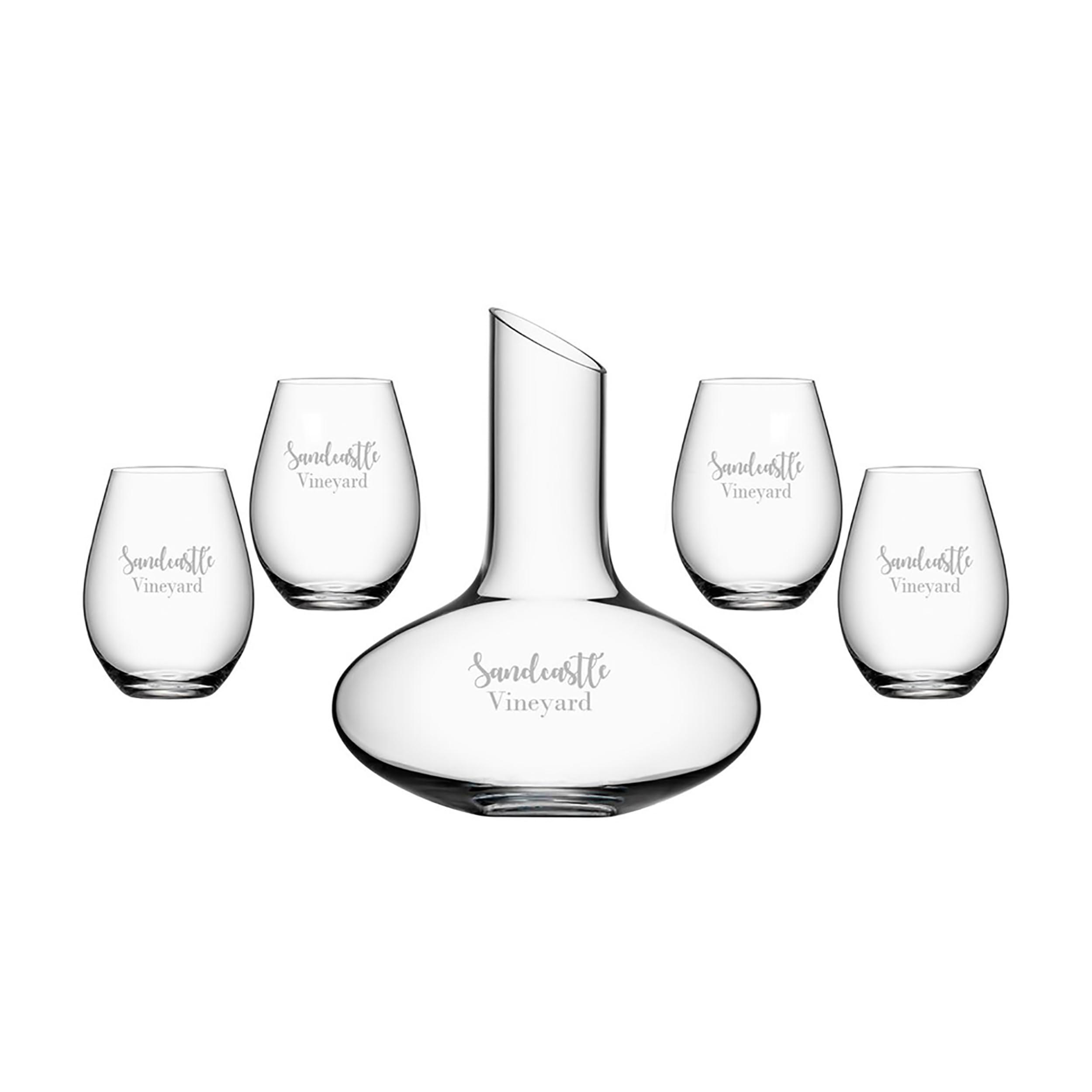 Orrefors Orrefors Enjoy More Wine Personalized Decanter Set, Includes Custom Engraved 33.8oz Crystal Wine Decanter with Four 13oz Crystal Stemless Wine Glasses, Personalized Wedding Gifts for Wine Lovers