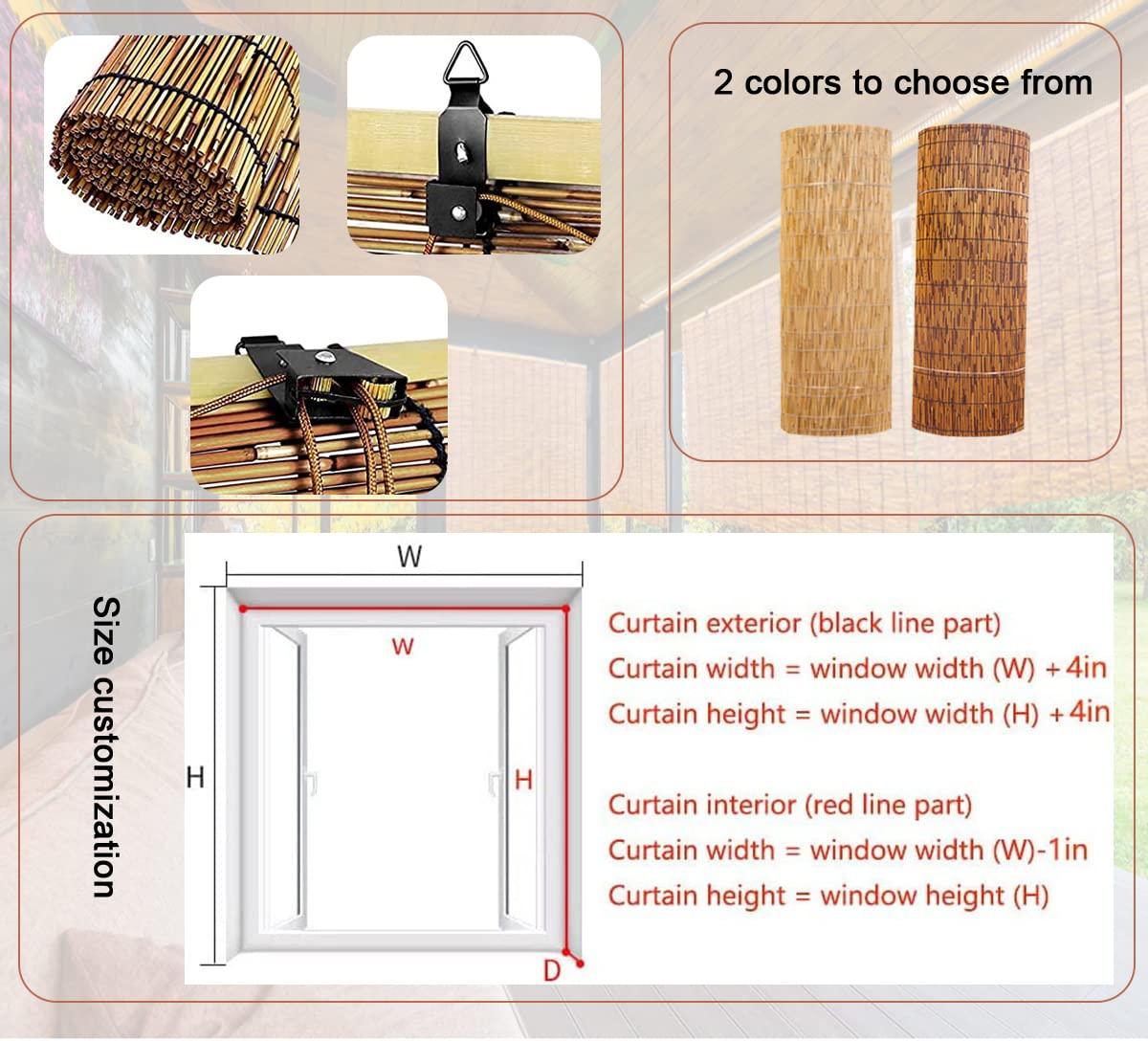 Yhzeokm Outdoor Bamboo Shades for Patio Roll Up Shade Waterproof Reed Blinds with Lift, Porch Privacy Translucent Roller Blinds, Waterproof Anti-UV Breathable Reed Curtains, Easy to Install