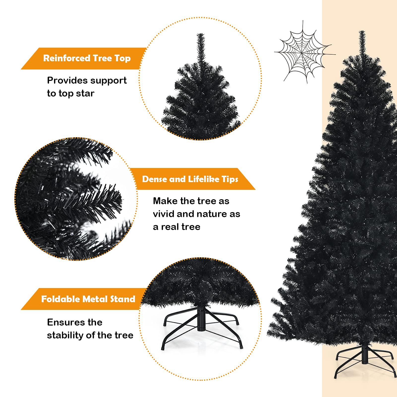 Goplus Goplus 6ft Pre-lit Black Christmas Tree, Hinged Artificial Halloween Tree w/ 250 Purple LED Lights & Metal Stand, Perfect Xmas Decoration for Holiday Festival Parties