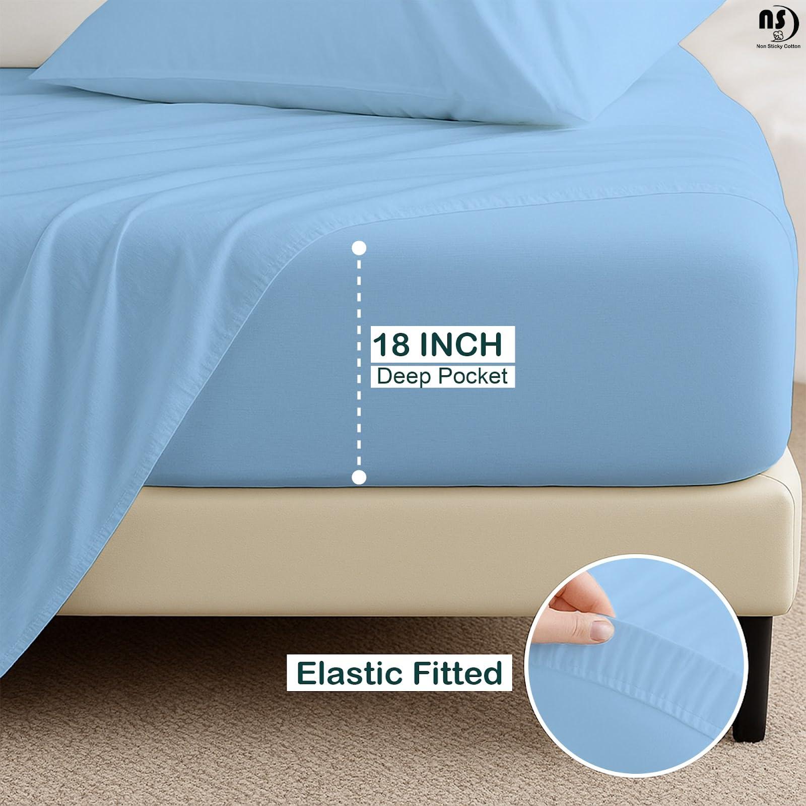 NON Sticky cotton Top Split King Sheets Sets for Adjustable beds, Sheets for Sleep Number Bed Split King deep Pocket, 34\" Split Top King Sheets 400 Thread Count 100% Cotton, Flex Top Sheets, Light Blue Solid