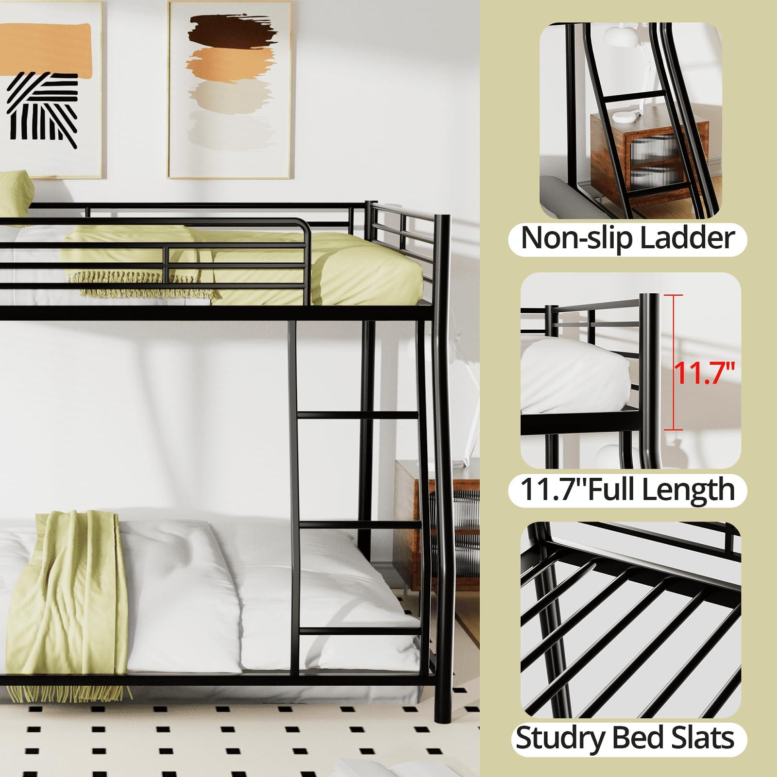 TURRIDU TURRIDU Full XL Over Queen Bunk Bed, Heavy Duty Metal Bunk Bed Frame with Full-Length Guardrails & Ladders, Bedroom Bunk Bed for Teens, Adults, Noise Free, Black