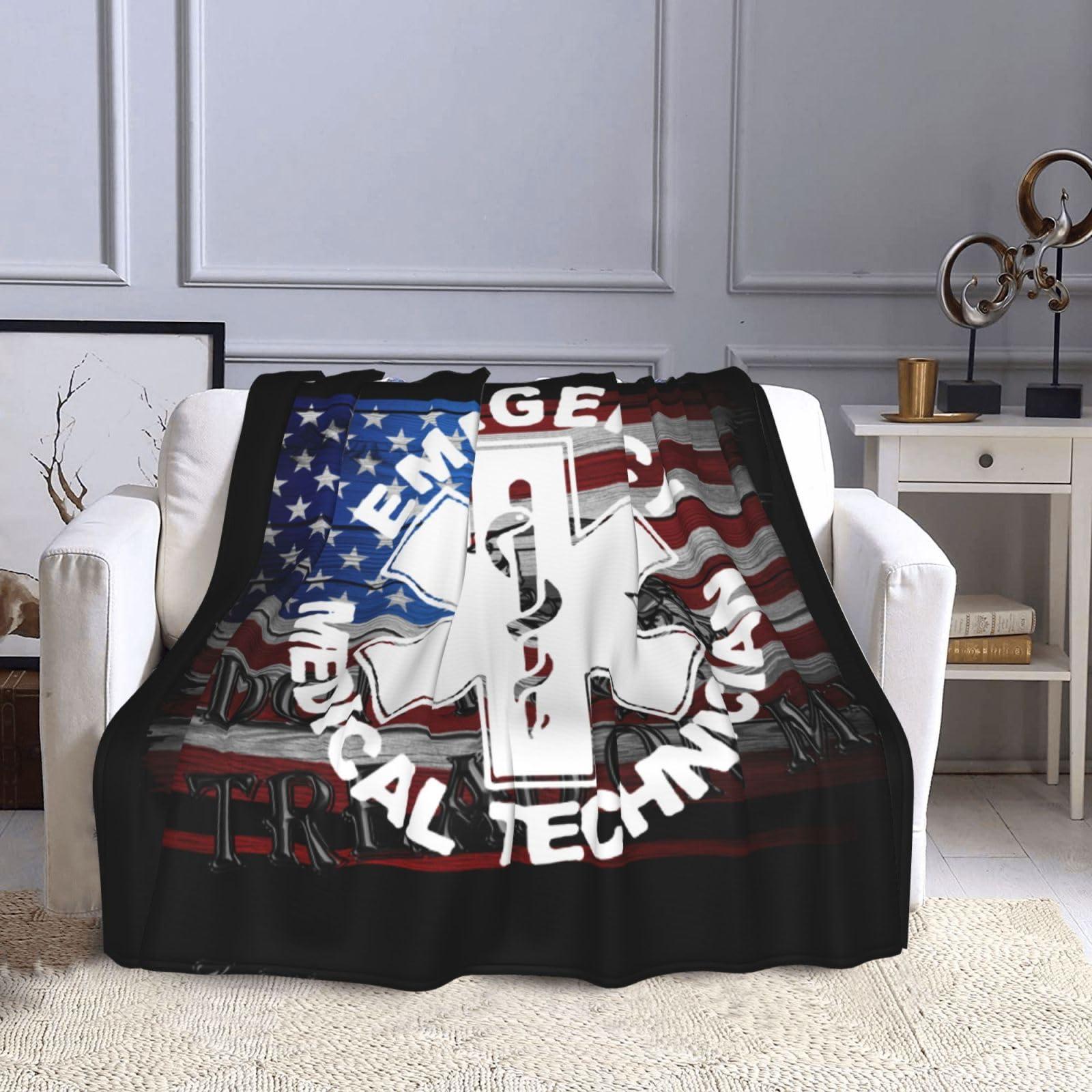 Wxenaiedk American Flag EMS Star of Life EMT Paramedic Medic Throw Blanket for Couch Sofa Or Bed Throw Soft Fuzzy Plush Blanket