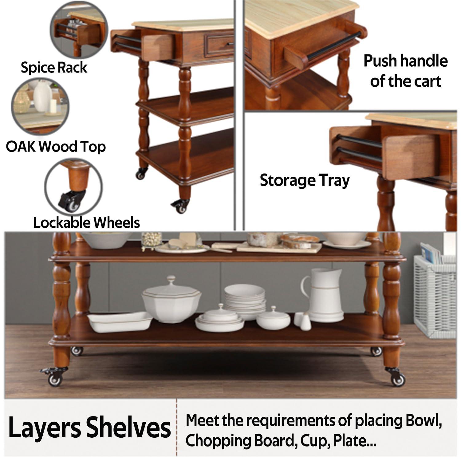 STRYWRD (5-8 days delivery)56 in Rolling Kitchen Island with Solid OAK Wood Top Two-sided Kitchen island Cart on Wheels Wine and Spice Rack Large Kitchen Cart 2 Drawers with Storage Kitchen Cart (Brown)