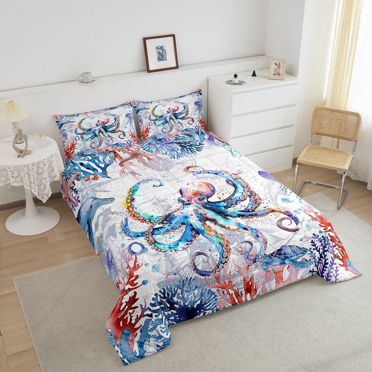 Feelyou Feelyou Kids Boys Girls Octopus Bedding Set Full, Ocean Octopus Comforter Ocean Animal Comforter Set for Sealife Duvet Set with 2 Pillow Case Room Decor Quilt Set Bedding Collection
