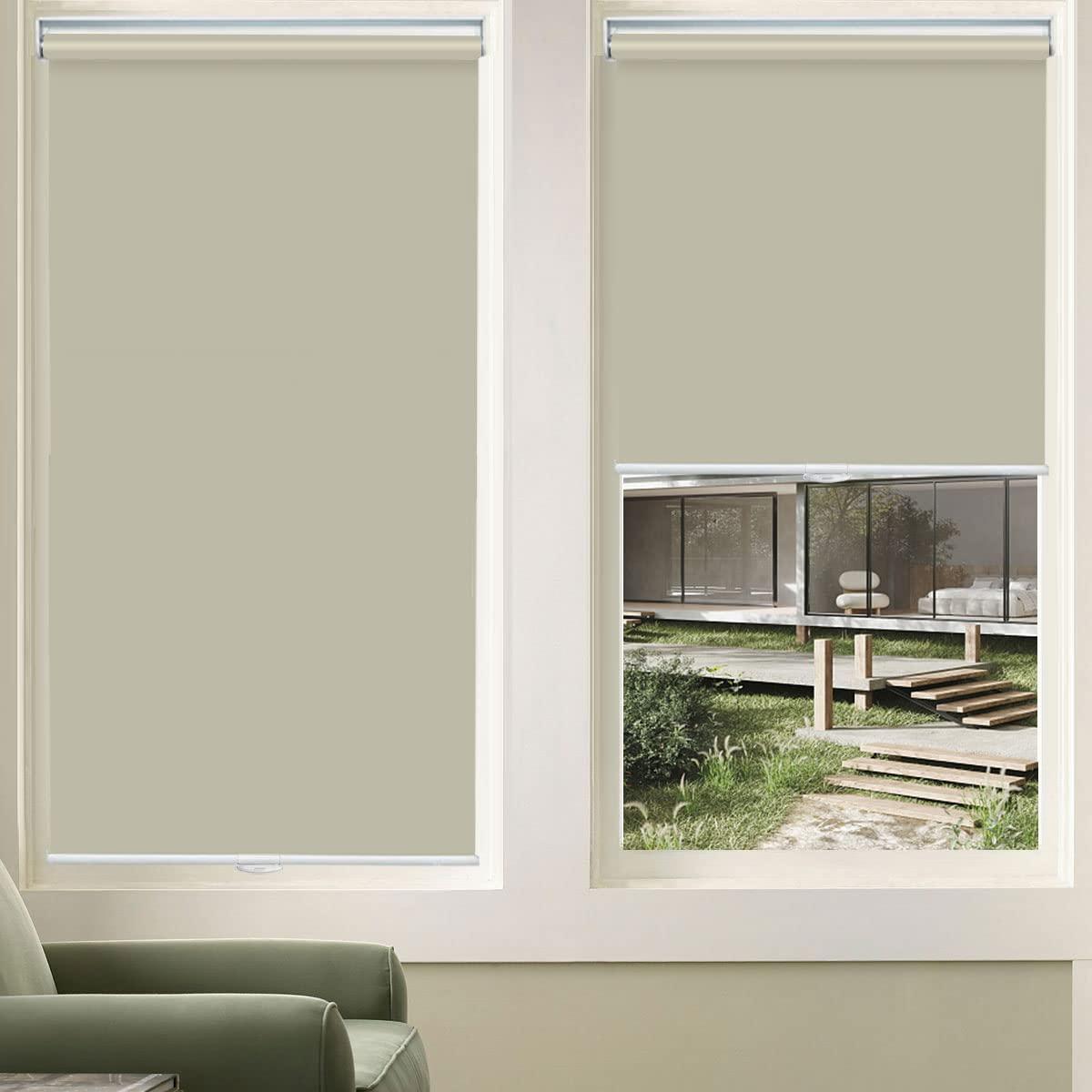 TINFONBLY 100% Blackout Roller Window Shades- Cordless Room Darkening Blinds, Door Shade with Thermal Insulated Bedroom Shades UV Rays Blocking, 57 "W x 42" H Beige, Safety for Home