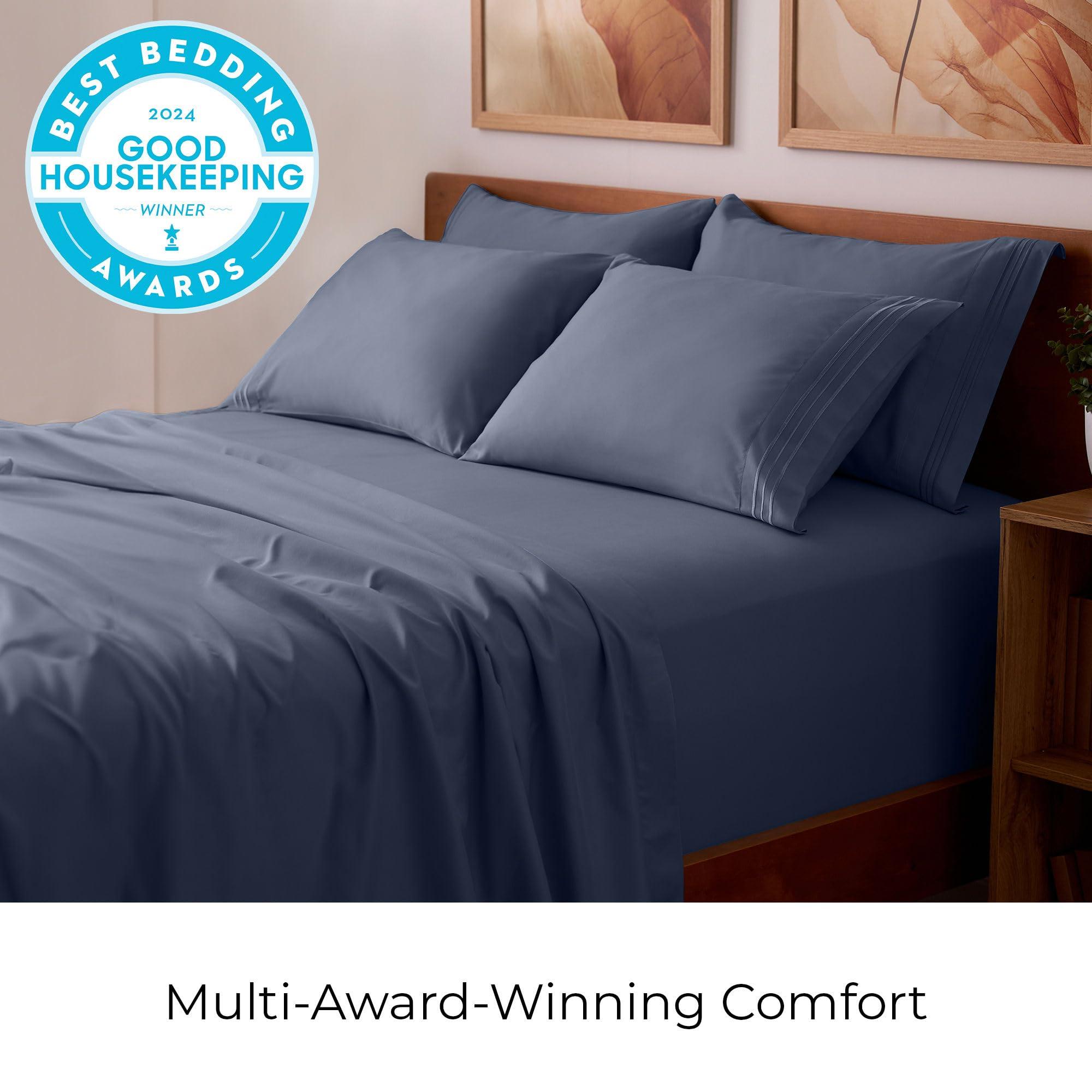 Mellanni Mellanni California King Sheet Set - 6-Piece Iconic Collection Bedding, (Including 4 Pillowcases), 21-Inch Extra Deep Pocket, Easy Care, Ultra Soft, Cooling Sheets, Brushed Microfiber - Navy Blue