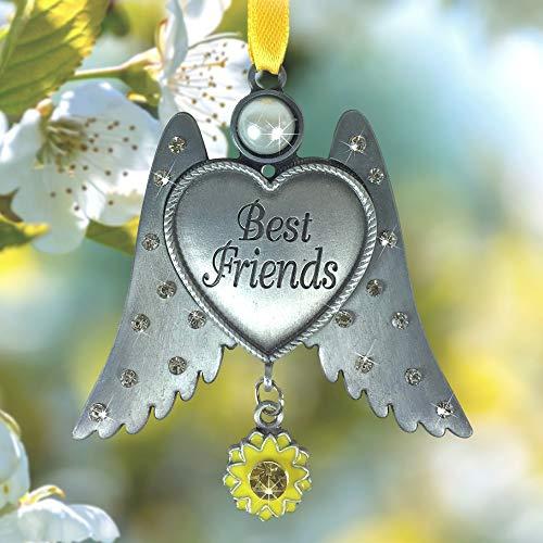 BANBERRY DESIGNS Best Friends Ornament - Pewter Finish Angel Wings with Heart Ornament - Jeweled Wings with a Yellow Sunflower Charm
