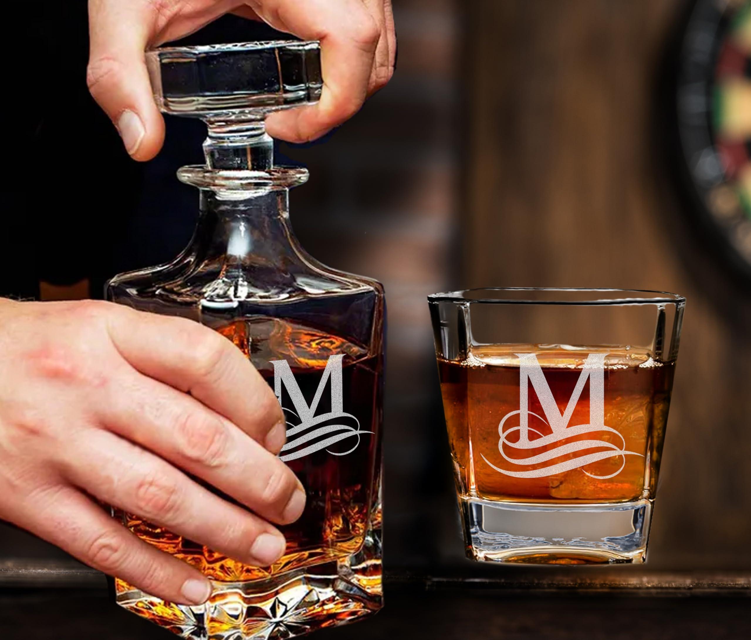 EZ CUSTOM GIFT Personalized Whiskey Decanter Set - Custom Liquor Decanter and 4 Glasses Gift Set - Engraved Whiskey Decanter Sets for Men, Anniversary Wedding Birthday Gifts for Father Husband (Design 7)