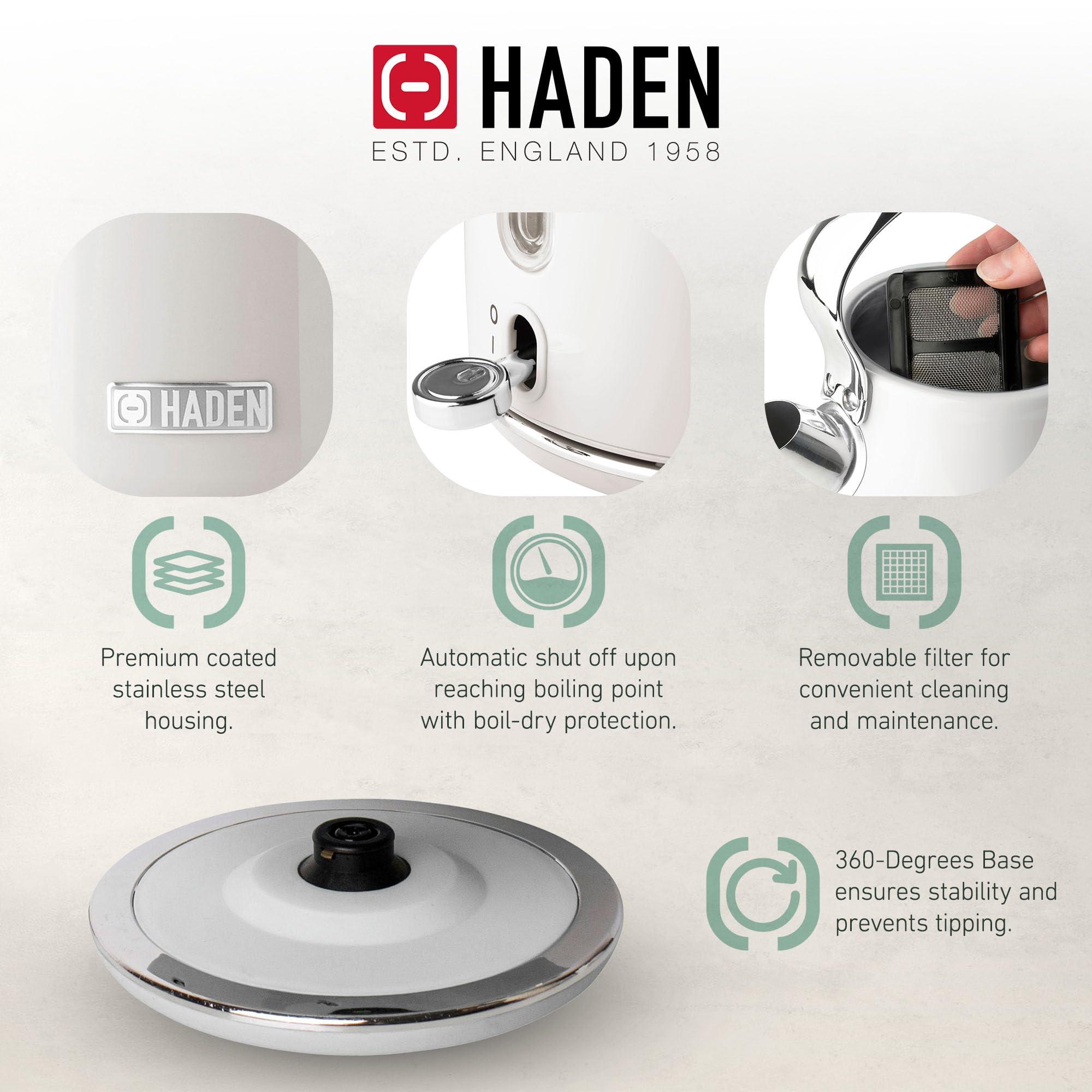 HADEN Haden Heritage 1.7 Liter Stainless Steel Body Retro Electric Tea Kettle with 2 Slice Wide Slot Stainless Steel Bread Toaster, White