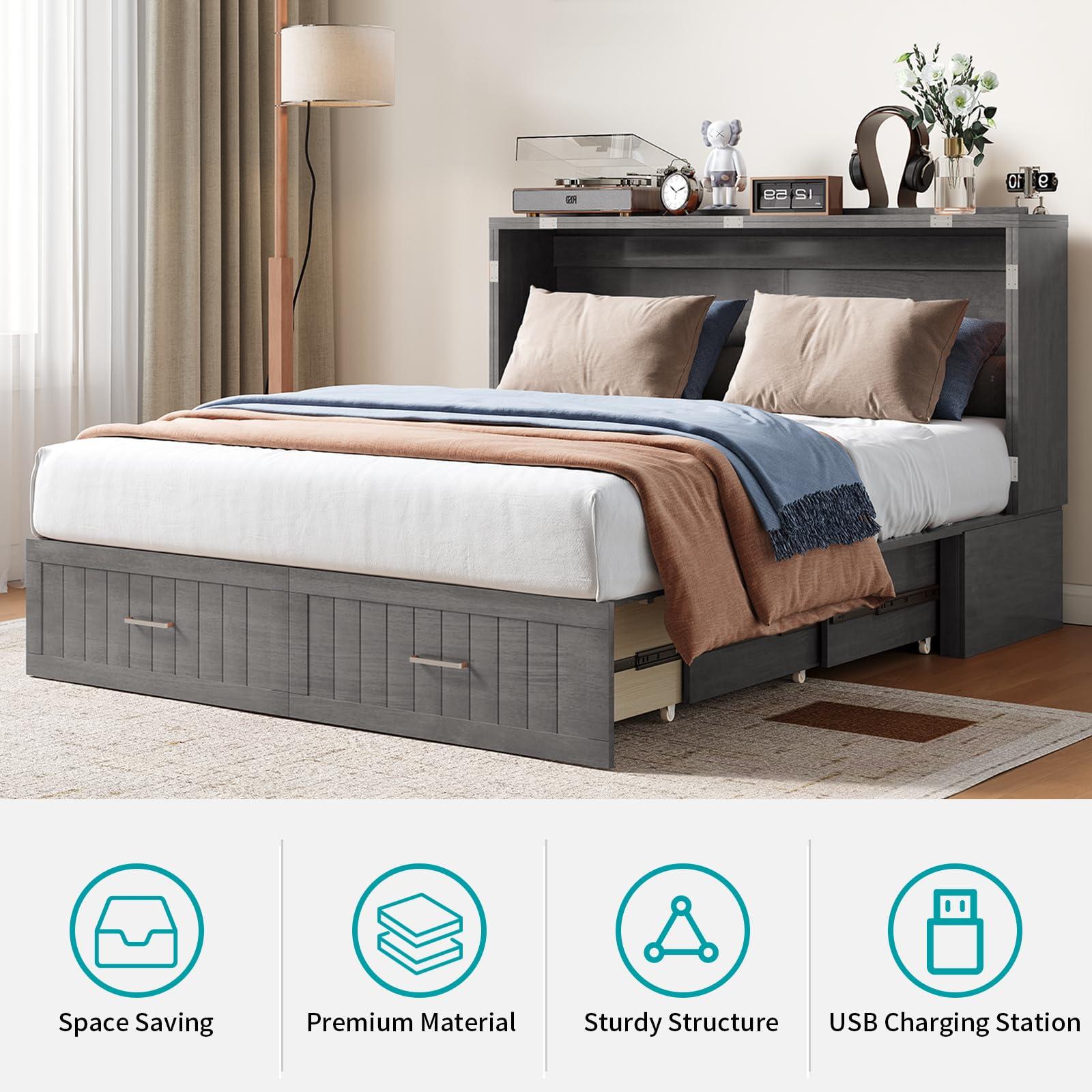 BALUS BALUS 64\" W Murphy Bed Cabinet with Mattress,Murphy Bed Queen,Modern Muti-Functional Cube Cabinet Bed 2 Large Drawers&3 Level Folding Foam Mattress for Living Room/Apartment/Loft (Stone Grey)