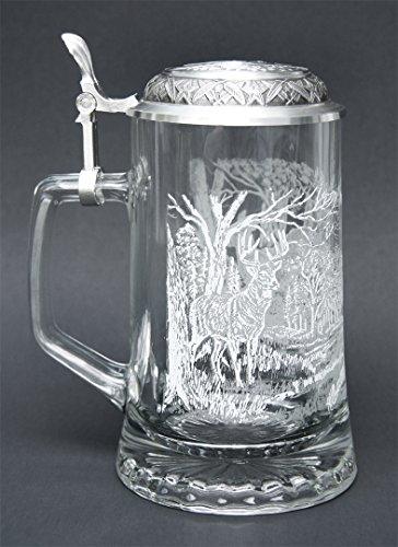 Cornell JAMES MEGER GLASS WHITE TAIL DEER STEIN, Etched German Glass Beer Stein w/ Pewter Lid, Made in Germany