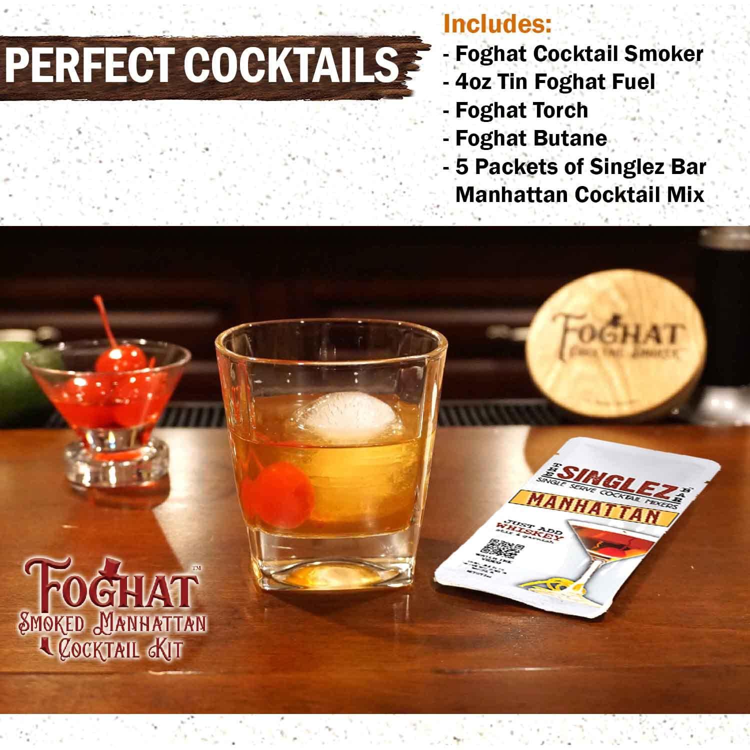 FOGHAT COCKTAIL SMOKER The Foghat Cocktail Smoker and Manhattan Smoked Cocktail Kit with Torch and Butane Refill 60ml - Bourbon Barrel Oak Wood Chips and 5 Singlez Bar Manhattan Mixer Packets - Whiskey Smoker Kit For Drinks