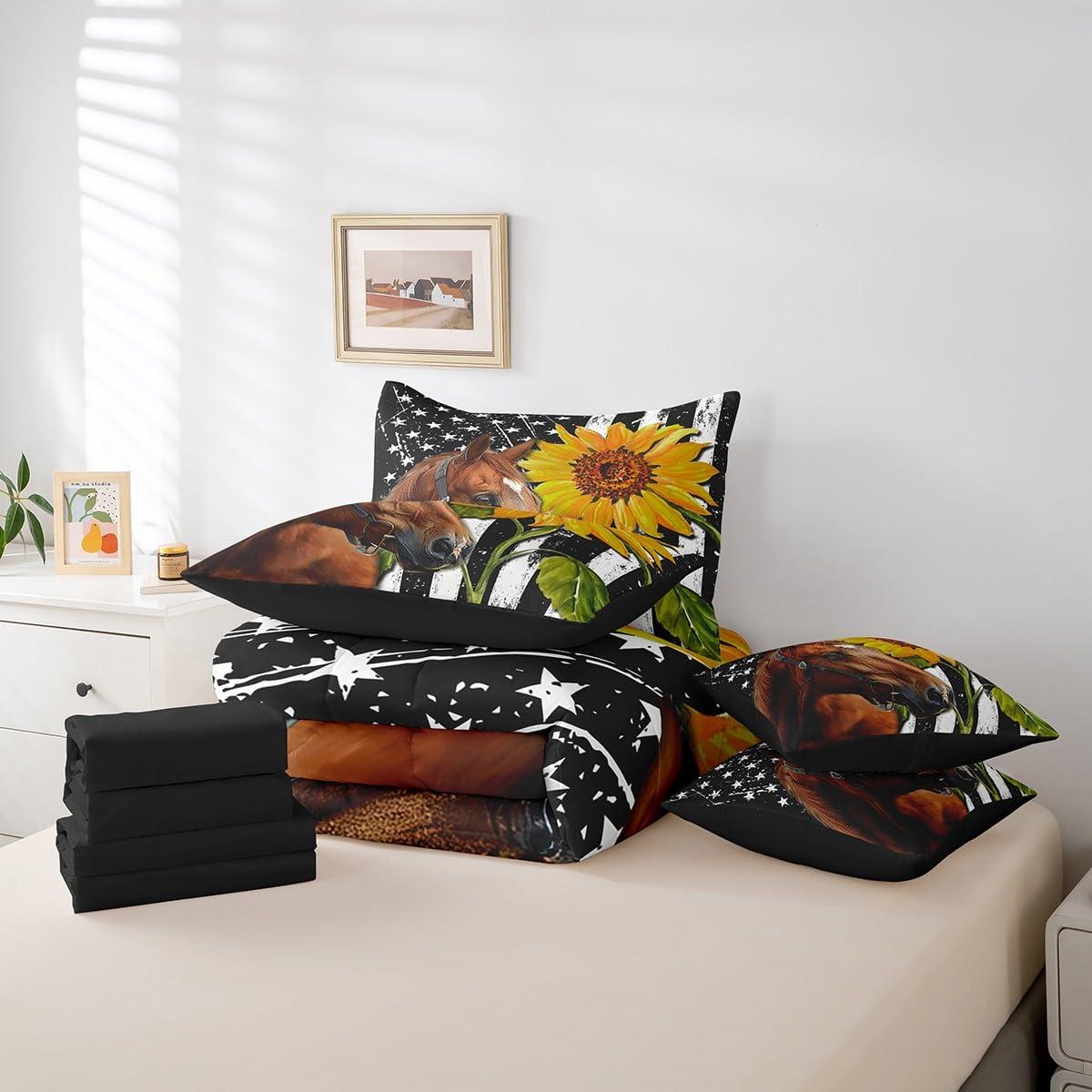 Erosebridal Erosebridal Horse Bed in a Bag King Size Comforter Set 7 Pieces,American Flag Bedding Sets Sunflower Western Animals Sheet Set with Comforter