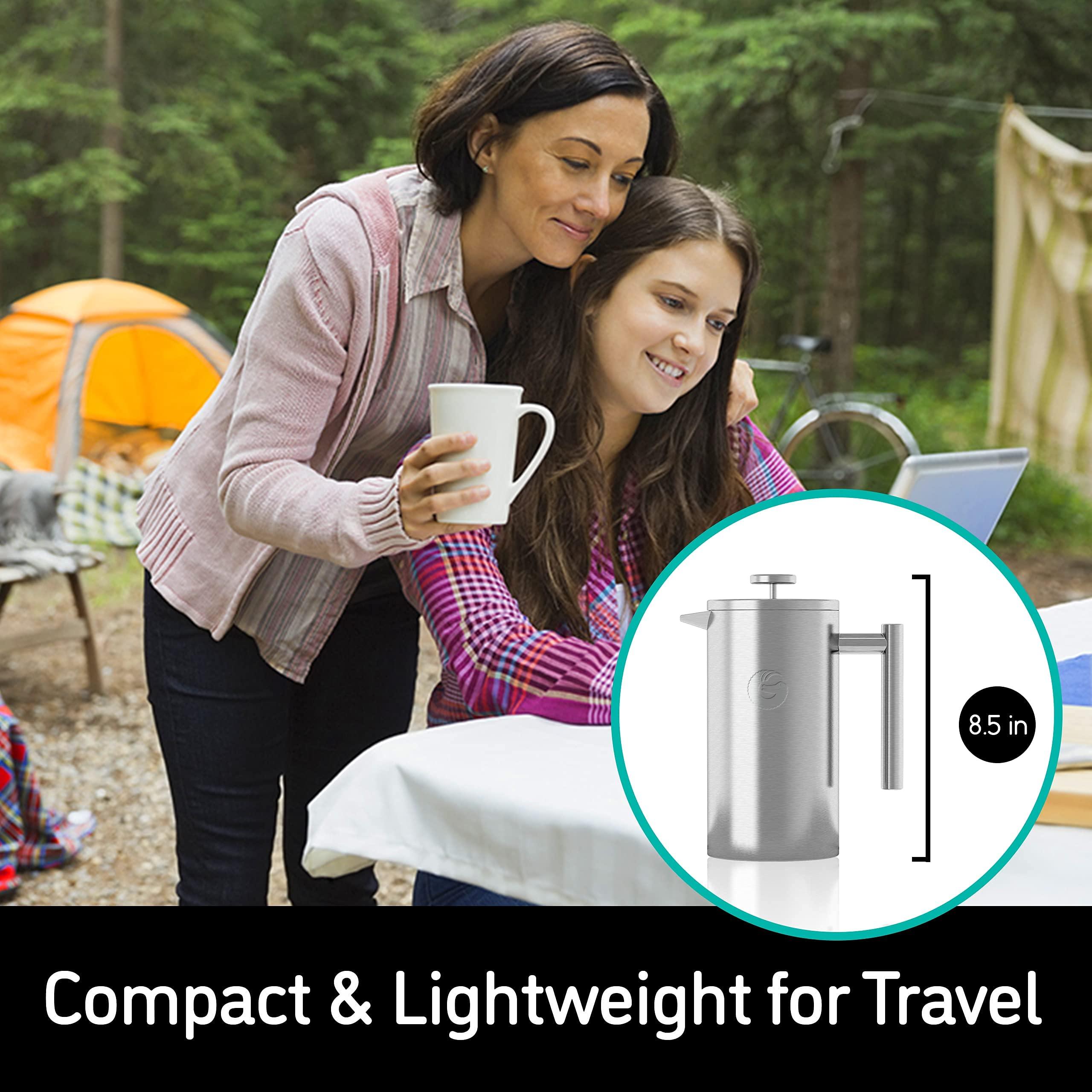 Coffee Gator Coffee Gator French Press Coffee Maker- Insulated, Stainless Steel Manual Coffee Tea Makers For Home, Camping w/Travel Canister- Presses 4 Cup Serving- Large, Silver