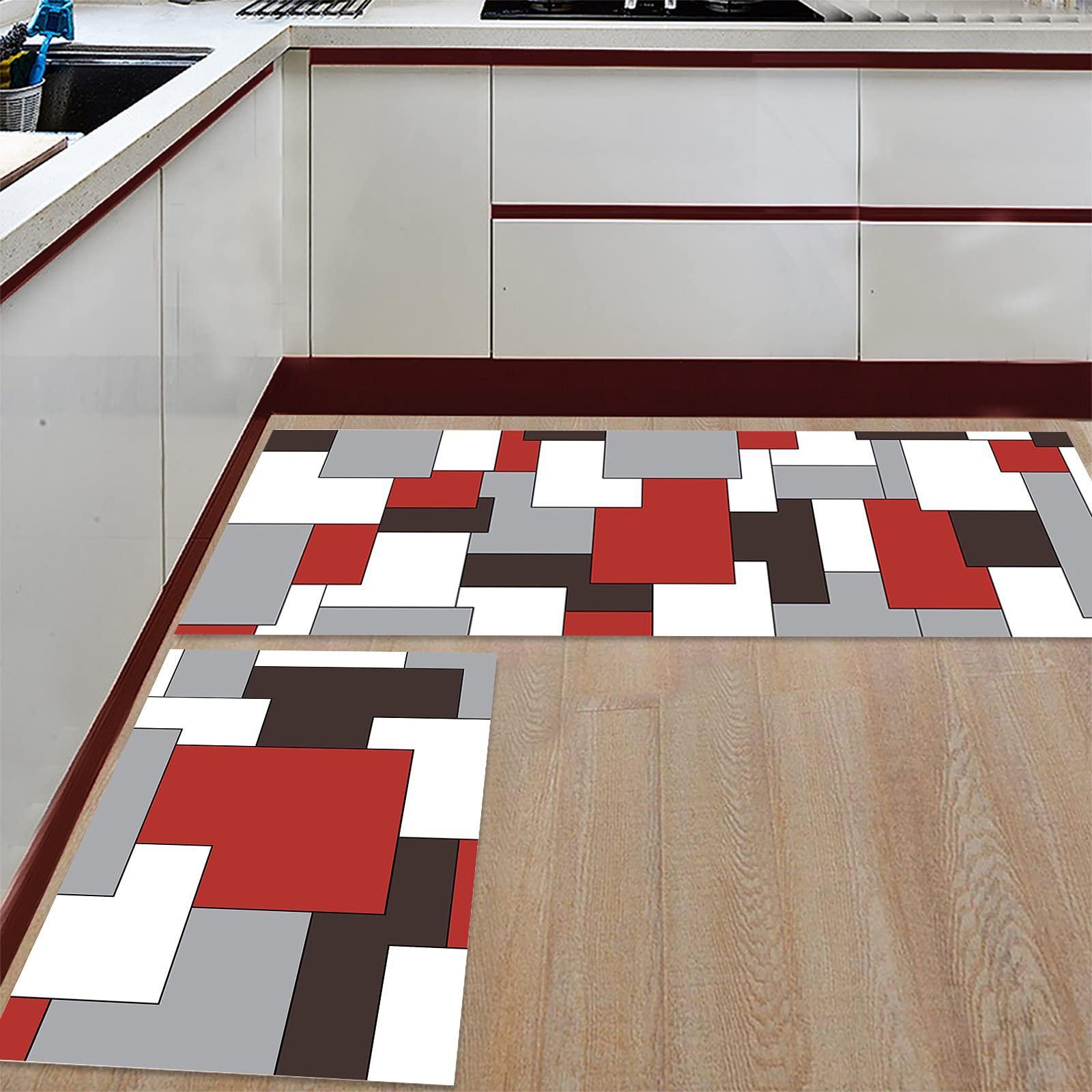 LooPoP LooPoP Kitchen Rugs and Mats Non Skid Washable Sets Red Geometric Anti Fatigue 2 Piece Set Non Skid Waterproof Standing Rugs Red and Gray Modern Mid Century