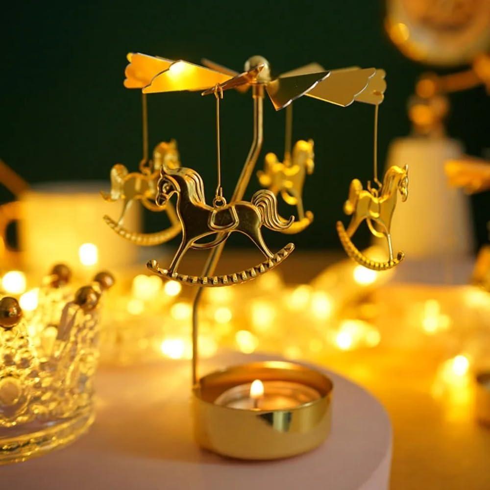 zhenyishangmao Rotating Candle Holder, Gold Carousel Candle Spinner Flying Angels Tea Lights Candle Holder for Christmas, Wedding, Home Decor(Carousel,Gold)