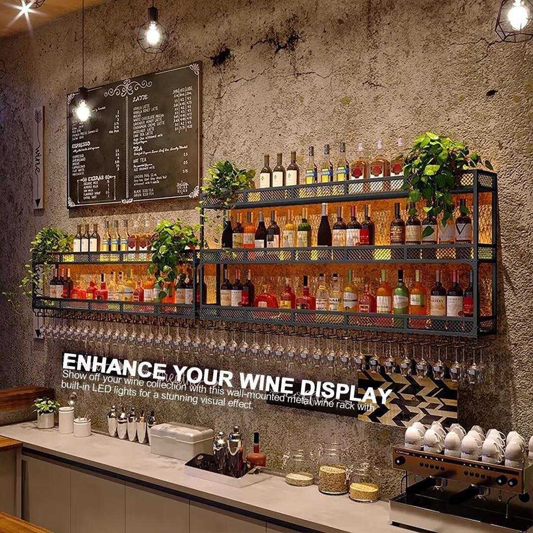 GWLQRTXV GWLQRTXV X2 39in Wine Rack with LED Lighting Wall Mounted Glass Holder, 3-Tiers Liquor Bottles Shelves Display Storage Organizer Hanging Long Stemware Goblet Metal for Home Mini Bar Cellar Black