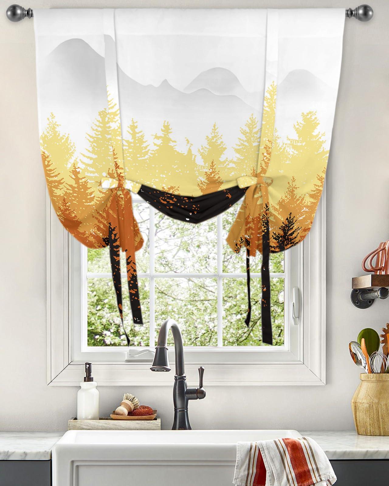 Yukro Yukro Tie Up Curtains Window Shades, Fall Forest Silhouette Orange Art Oil Painting Rod Pocket Tie Up Window Shade, Adjustable Balloon Curtain Shade for Blinds Kitchen Bathroom, 1 Panel, 42"x45"