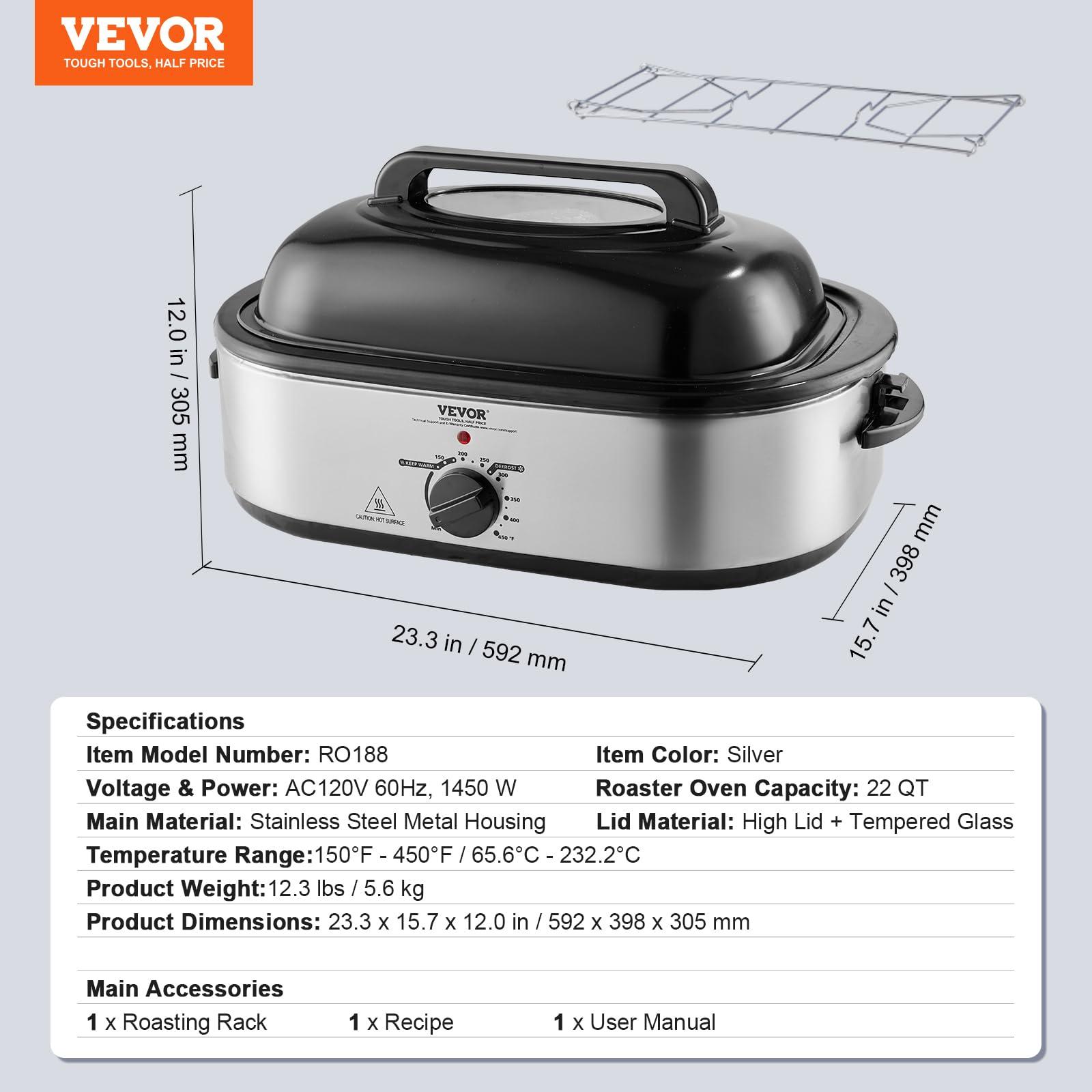 VEVOR VEVOR Electric Roaster Oven, 22 QT Turkey Roaster Oven with Self-Basting Lid, 1450W Roaster Oven with Defrost & Warm Function, Adjustable Temp, Removable Pan & Rack, Fits Turkeys Up to 26LBS, Silver