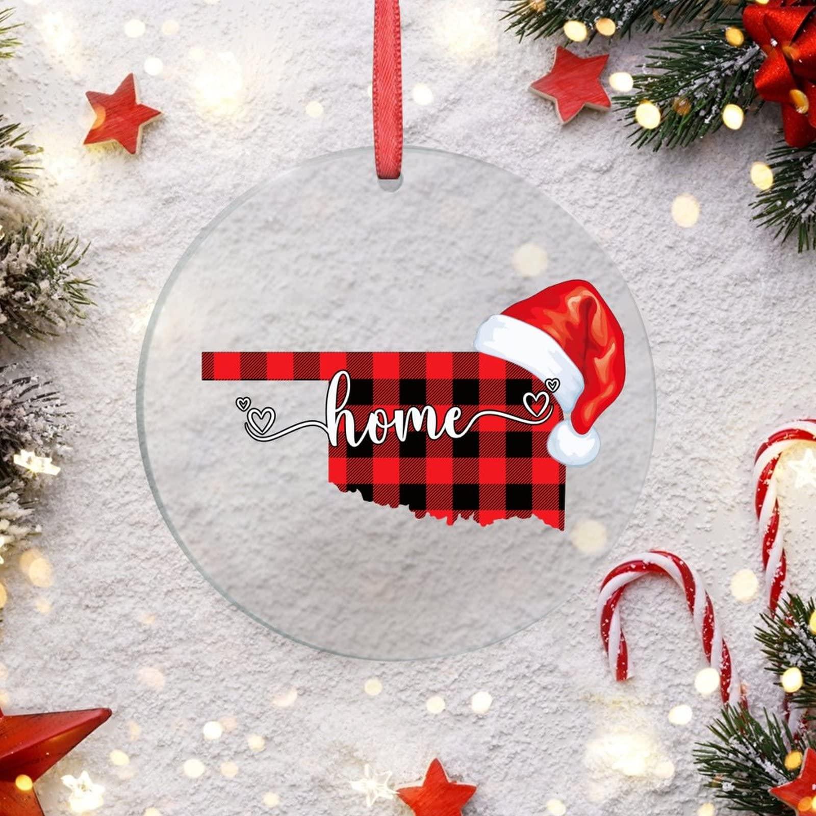 godblessign Buffalo Plaid Map Christmas Hat Christmas Ornaments 2022 Oklahoma State Ornaments for Christmas Trees Sweet Home Acrylic Personalized Christmas Ornaments Christmas Keepsake Long Distance Xmas Gift