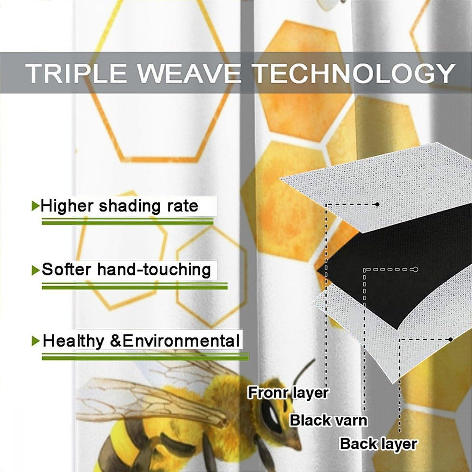 PHTAYOT Honey Bee Curtains, Bumble Bee Along Honey Comb Hexagonal Sunflower Print for Kids Boys Girls Room Decor, Rod Pocket Blackout Window Drapes for Bedroom Living Room Kitchen21 W X 63\" L