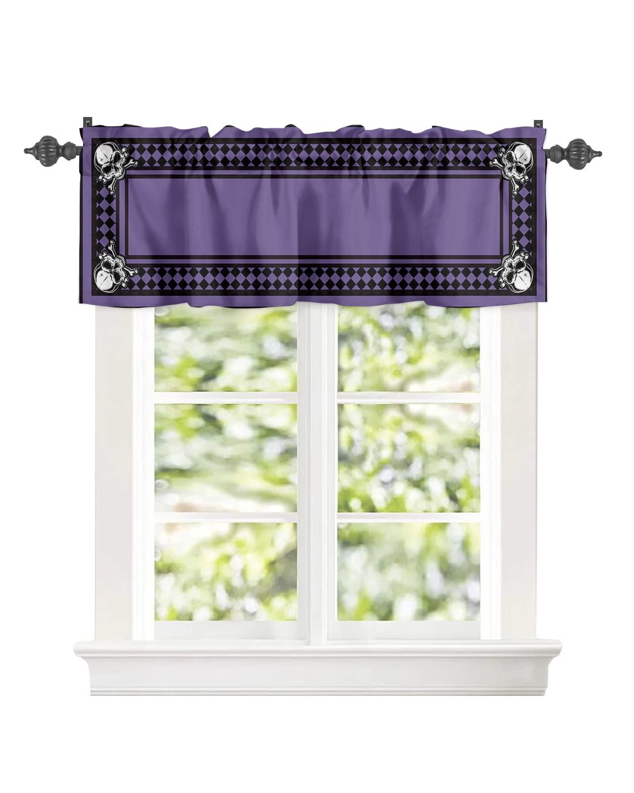 Chucoco Valances Curtain for Kitchen Cafe,Scary Halloween Black Diamond Plaid Horror Skull Window Valance 1 Panel Short Curtains 42x18In Rod Pocket Windows Treatment Drape for Living Room Bedroom Purple