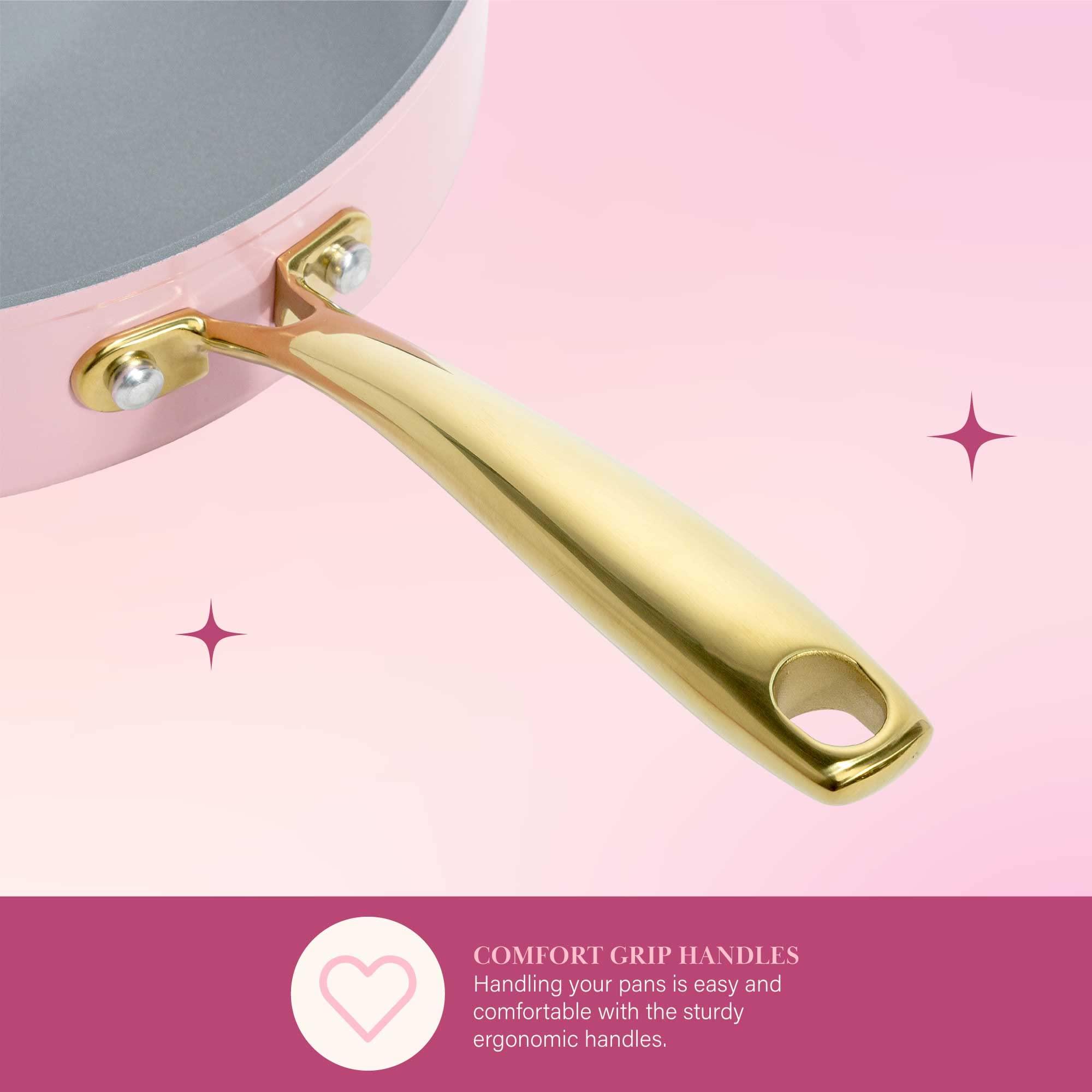 Paris Hilton Paris Hilton Iconic Nonstick Pots and Pans Set, Multi-layer Nonstick Coating, Matching Lids With Gold Handles, Made without PFOA, Dishwasher Safe Cookware Set, 10-Piece, Pink