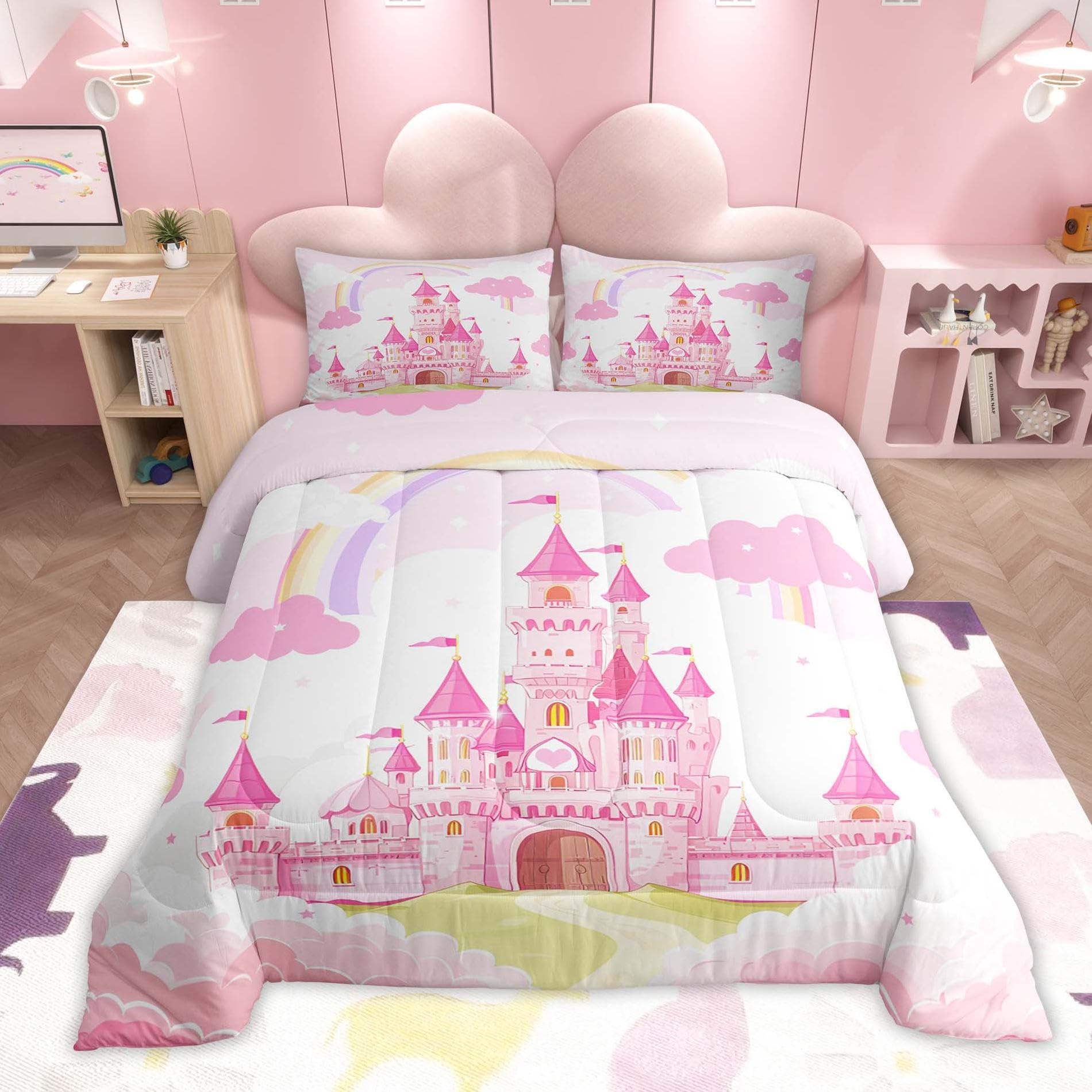 Feelyou Feelyou Kids King Pink Castle Comforter Set Boys Girls Rainbow Castle Bedding Set Girls Princess Comforter Fairy Tales Duvet Set Girls Bed Set 3Pcs