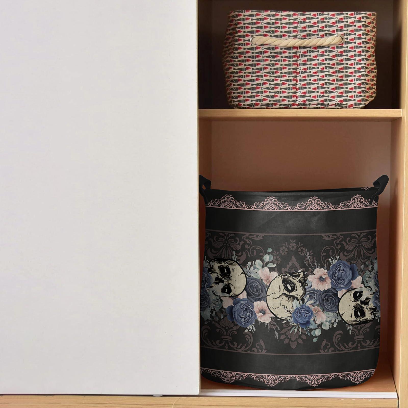 Shine-Home Halloween Laundry Basket,Collapsible Bag with Easy Carry Handles,Small Waterproof Foldable Freestanding Hamper,Folding Bin Clothes Storage Round Go-thic Spooky Horror Skulls Romantic Rose Flower