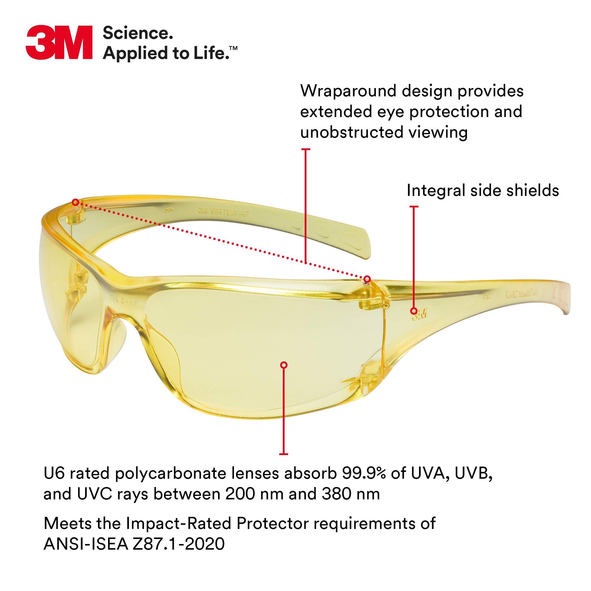 3M 3M Safety Glasses, Virtua AP, 20 Pack, ANSI Z87, Amber Hard Coat Lens, Amber Frame, Side Shields, Economical Eye Protection, 99.9% UV Protection, Polycarbonate