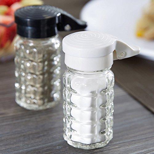 Tablecraft Tablecraft Moisture Proof Salt & Pepper Shakers - 1.5 Oz - Glass w/Black & White Lids Spring Loaded, No Clog, Set of 2
