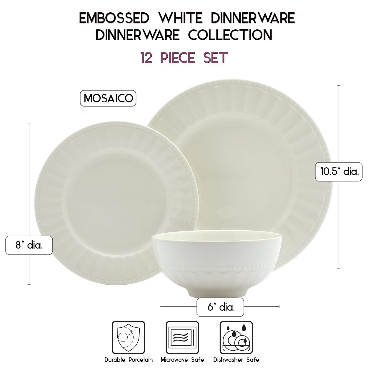 TTU Tabletops Gallery Embossed Bone White Porcelain Round Dinnerware Collection- Chip Resistant Scratch Resistant, Mosaico 12 Piece Dinnerware Set (Dinner Plate, Salad Plate, Cereal Bowl)