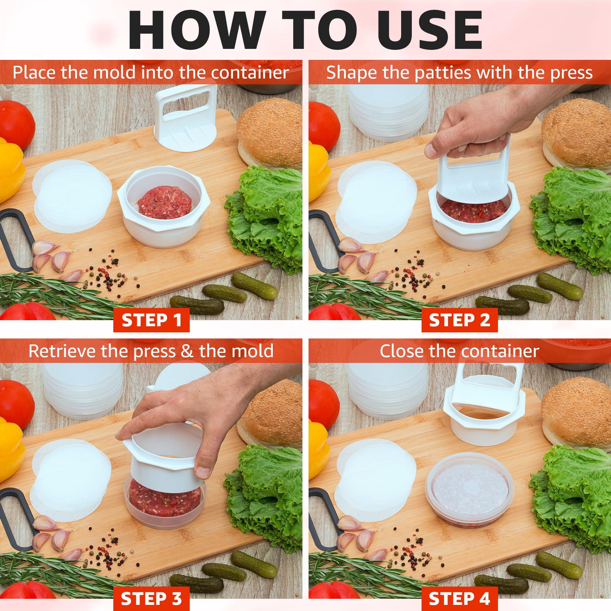 Miles Kimball Mission Gallery Hamburger Press Patty Maker - 4 in1, Burger Mold, Patty Press, 4 Storage Containers, 100 Round Papers - Hamburger Patty Maker Tool for BBQ - Burger Shaper for Meat, Veggie Patties