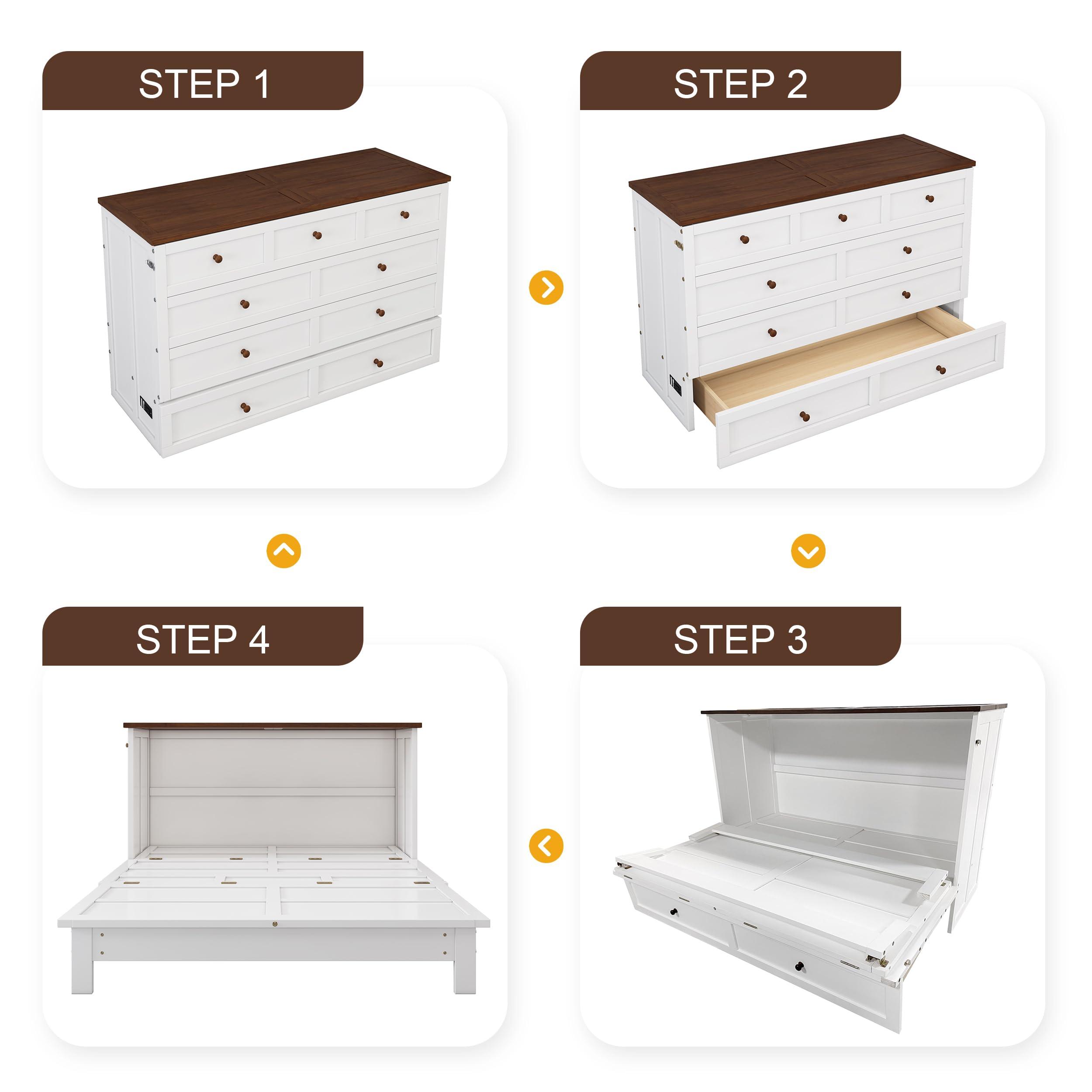 Harper & Bright Designs Harper & Bright Designs Full Size Murphy Bed, Wooden Full Murphy Bed Frame with Charging Station and Large Storage Drawer for Home Office/Small Room, White+Walnut