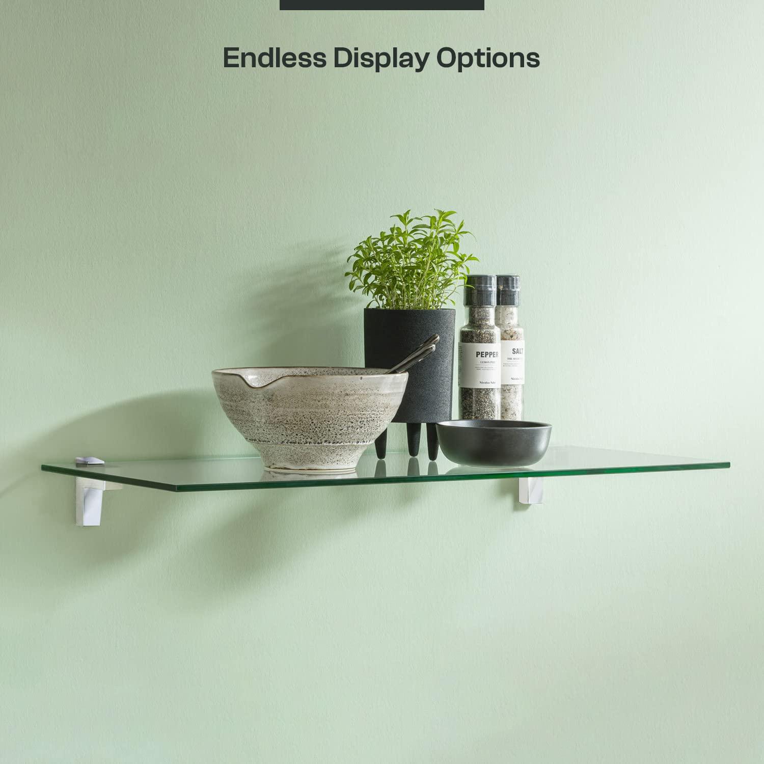 Fab Glass and Mirror Fab Glass and Mirror Rectangle Floating Glass Shelve, 12" X 24" Inches, 3/8 Thick Clear Glass with Flat Polished Edge-?Easy Installation with Screws, and Peacock Chrome Finish Brackets